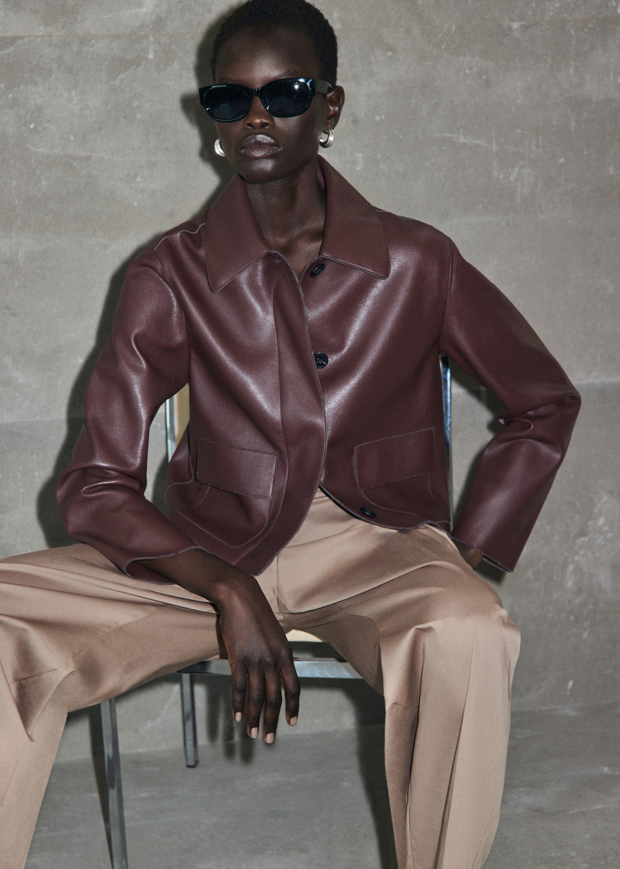 Leather-effect jacket with pockets - Medium plane, Maroon. Ref: 17094433-01.