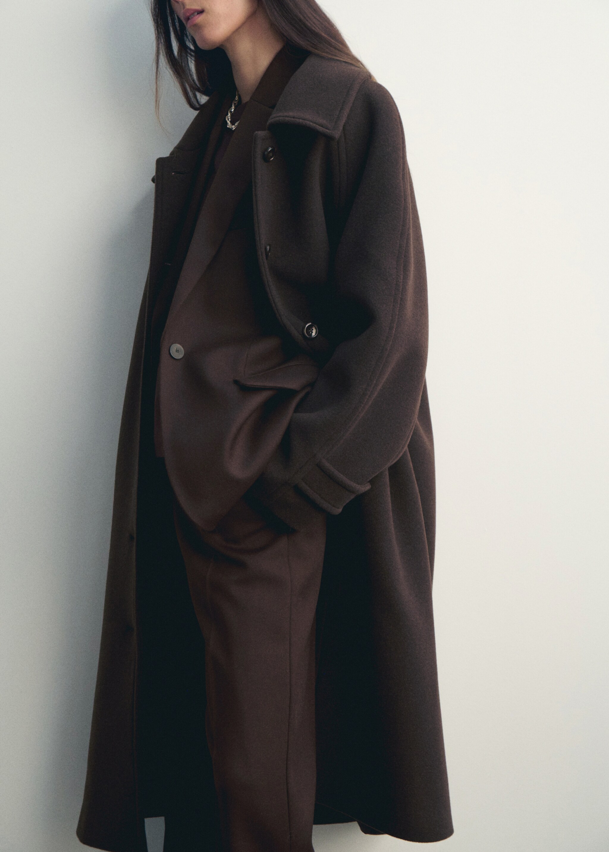 Buttoned wool coat - Details of the article 1, Coffee. Ref: 17096358-02.