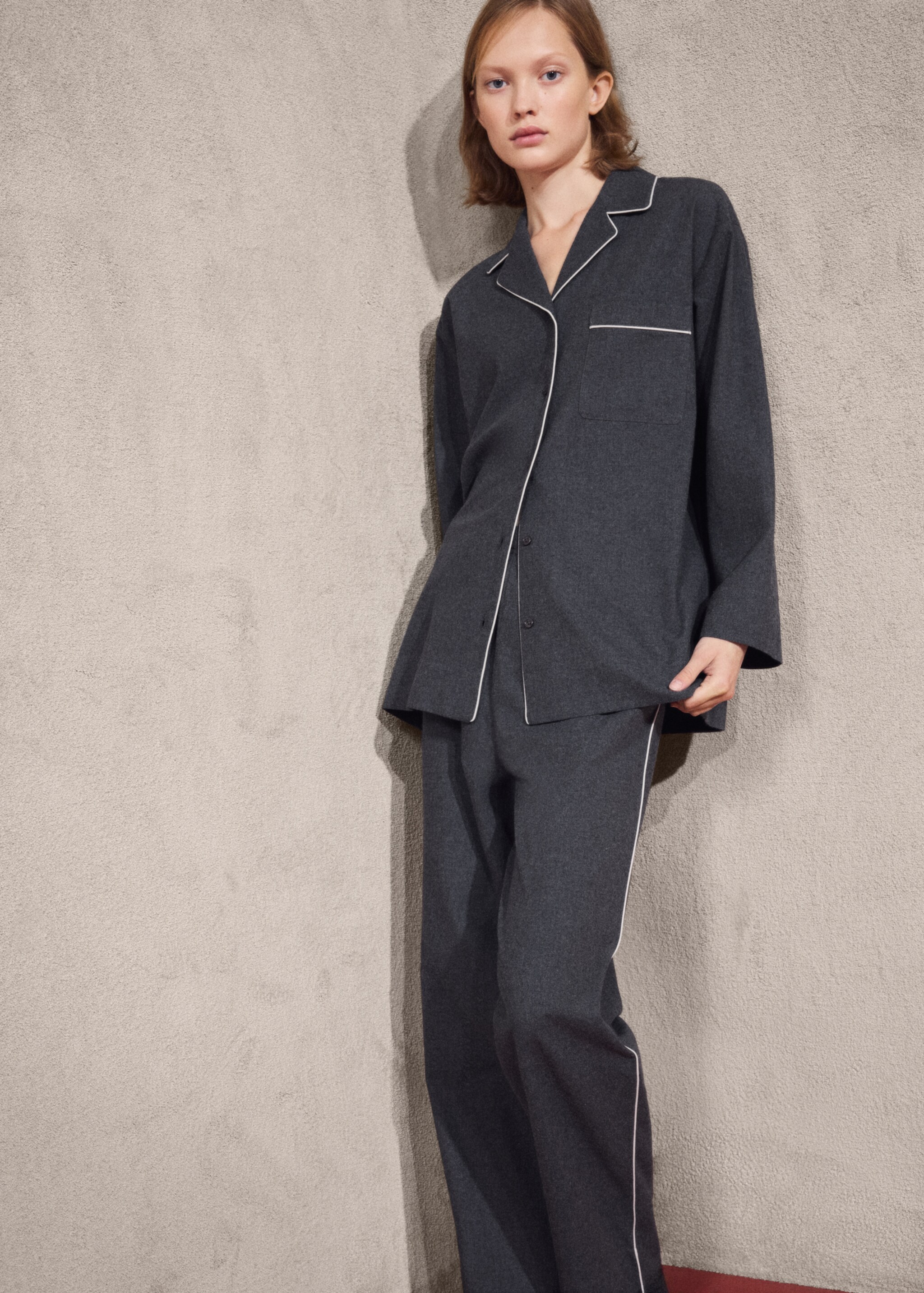 Cotton flannel shirt with contrasting piping - General plane, Charcoal. Ref: 17097127-01.