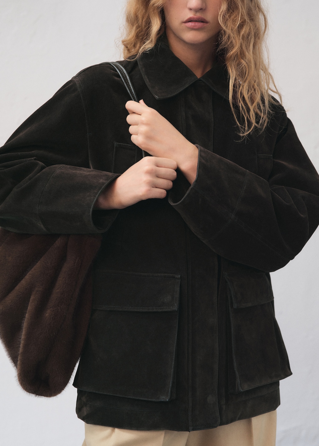 Velvet-finish parka with fur-effect collar