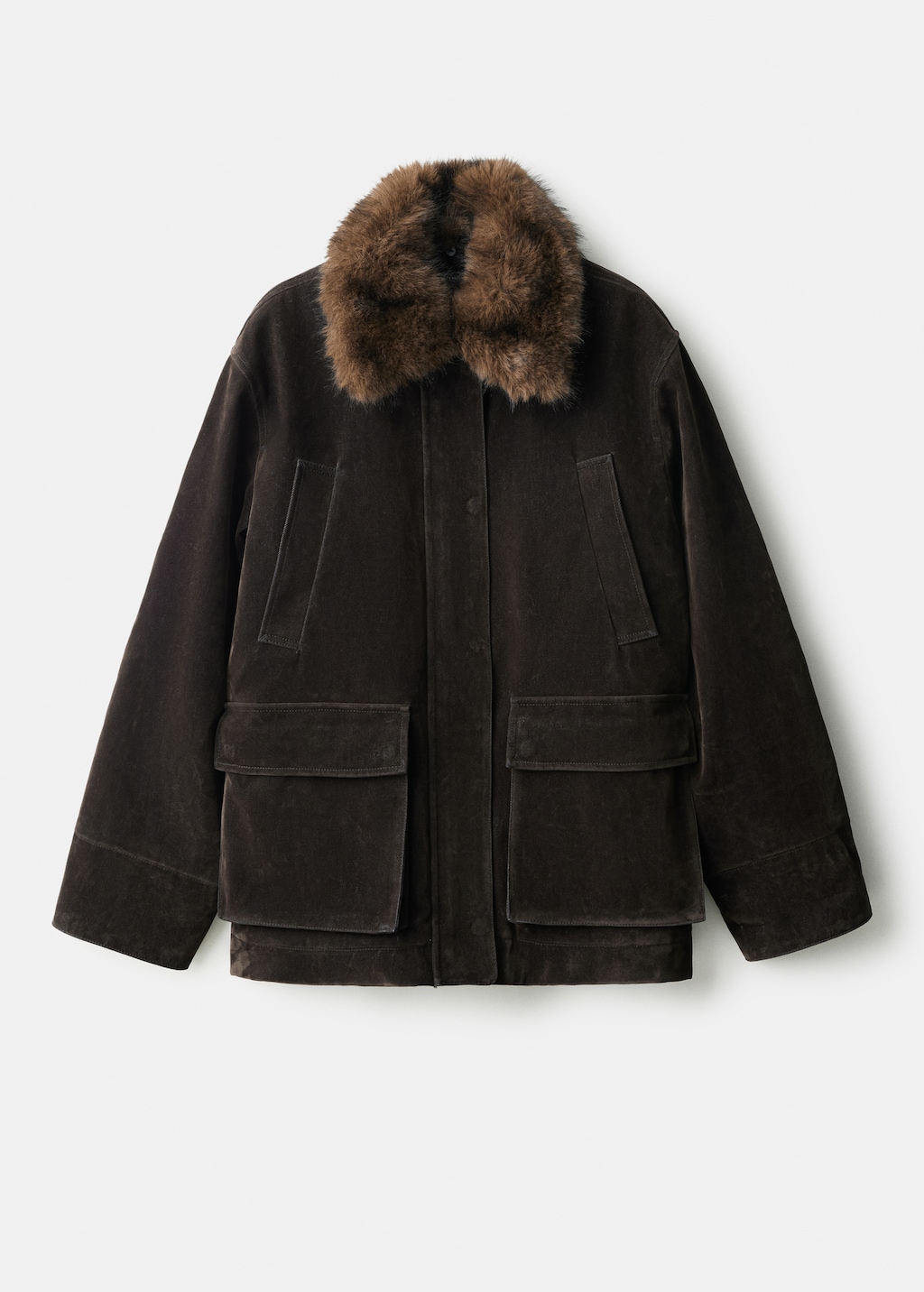 Velvet-finish parka with fur-effect collar