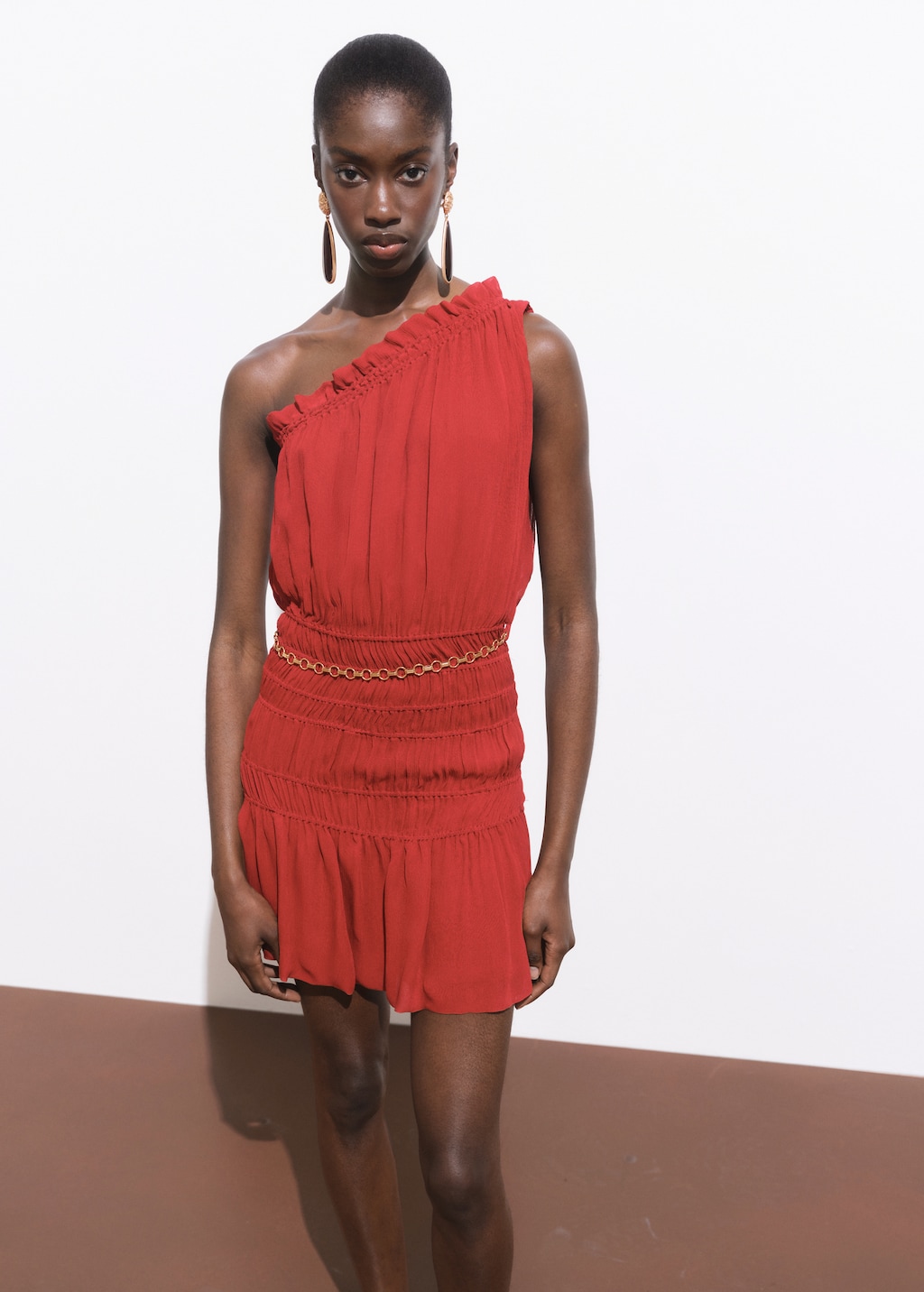 Asymmetrical gathered dress with belt