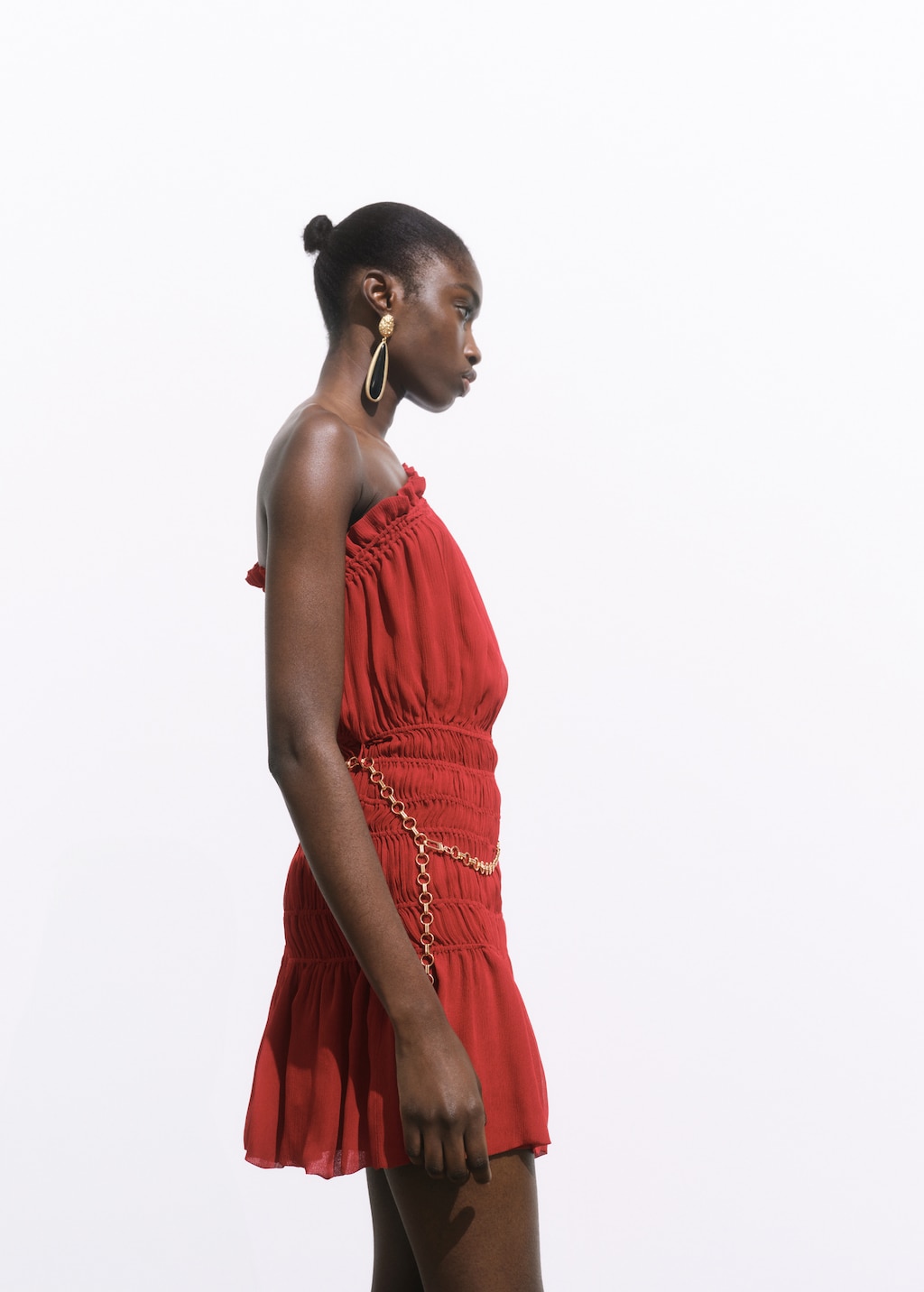 Asymmetrical gathered dress with belt