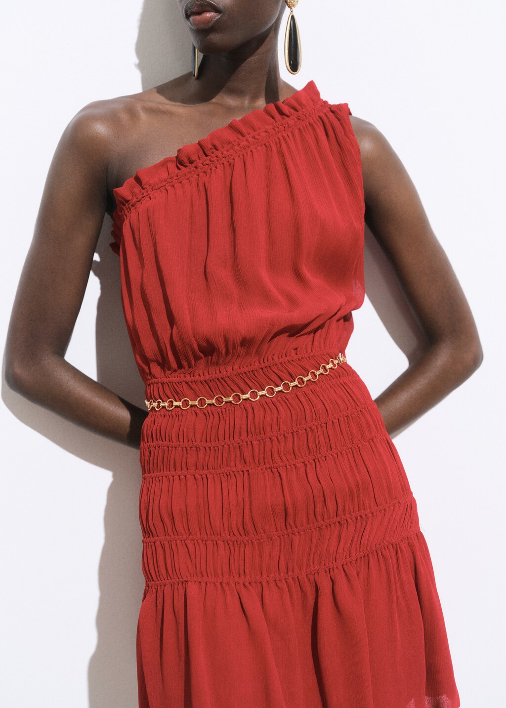 Asymmetrical gathered dress with belt