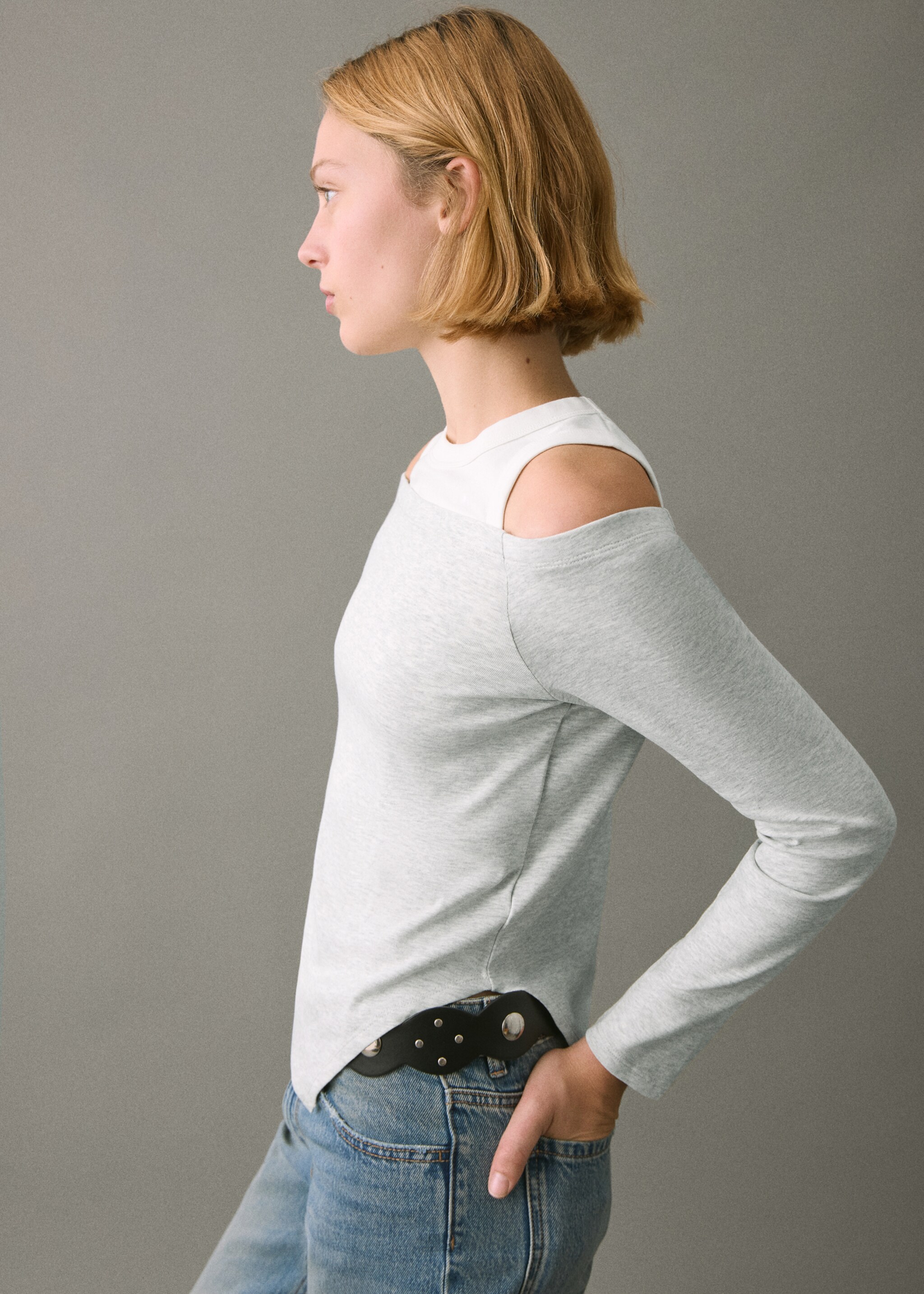 Asymmetrical double-effect t-shirt - Medium plane, Medium Heather Grey. Ref: 27001333-00.