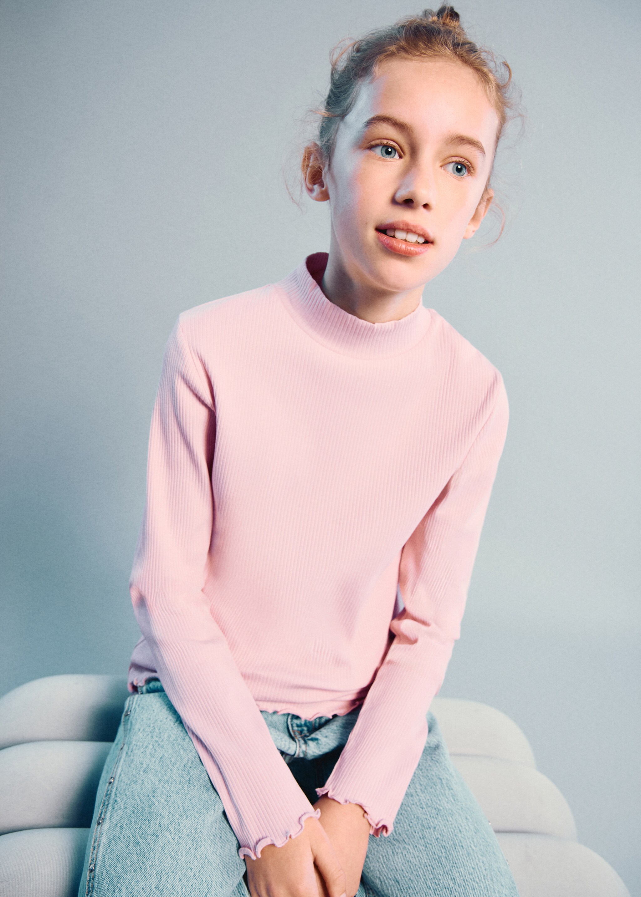 T-shirt côtelé manches longues - Plan moyen, Rose. Ref: 27001341-00.