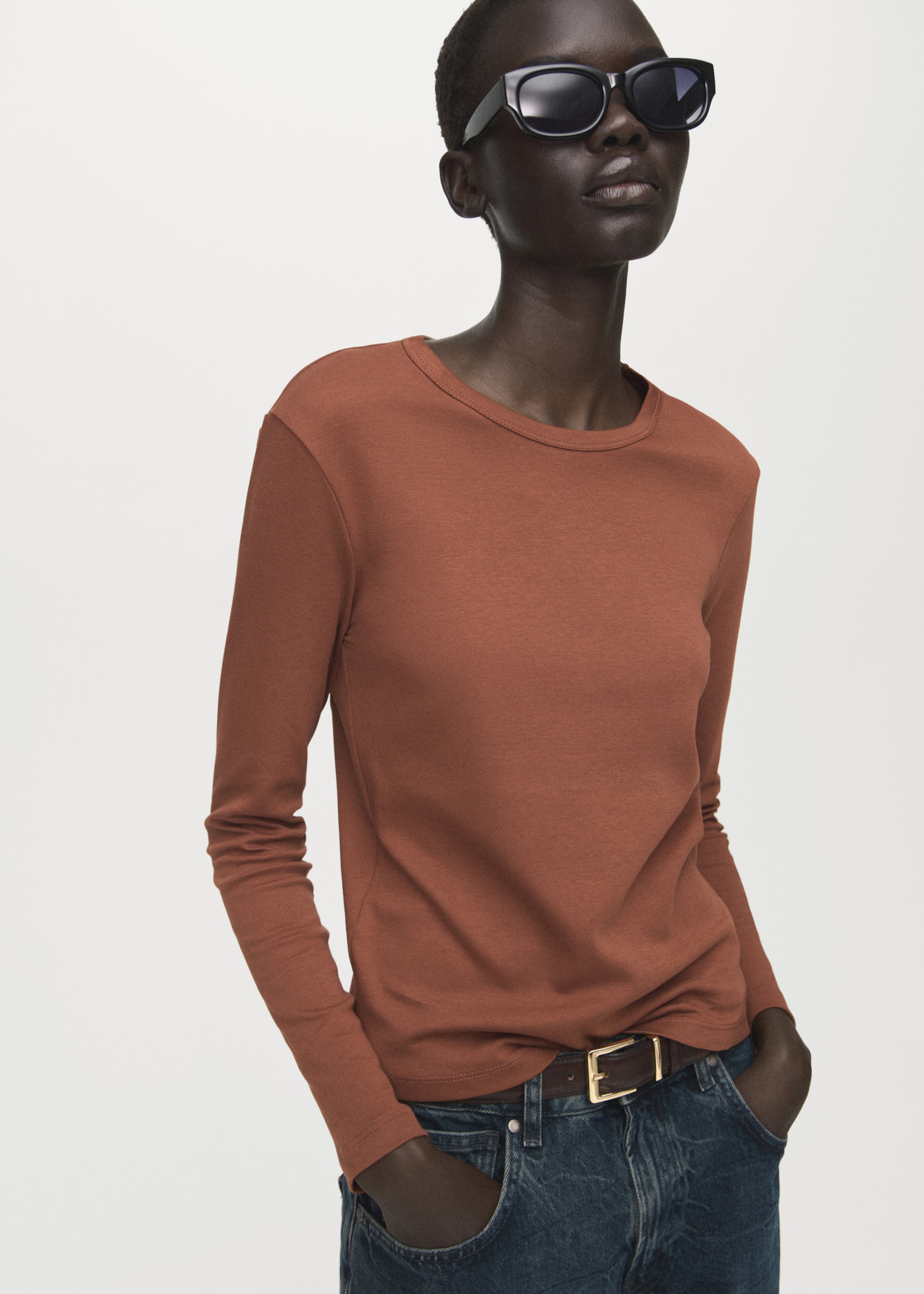 Long sleeve cotton t-shirt - Medium plane, Russet. Ref: 27001357-00.