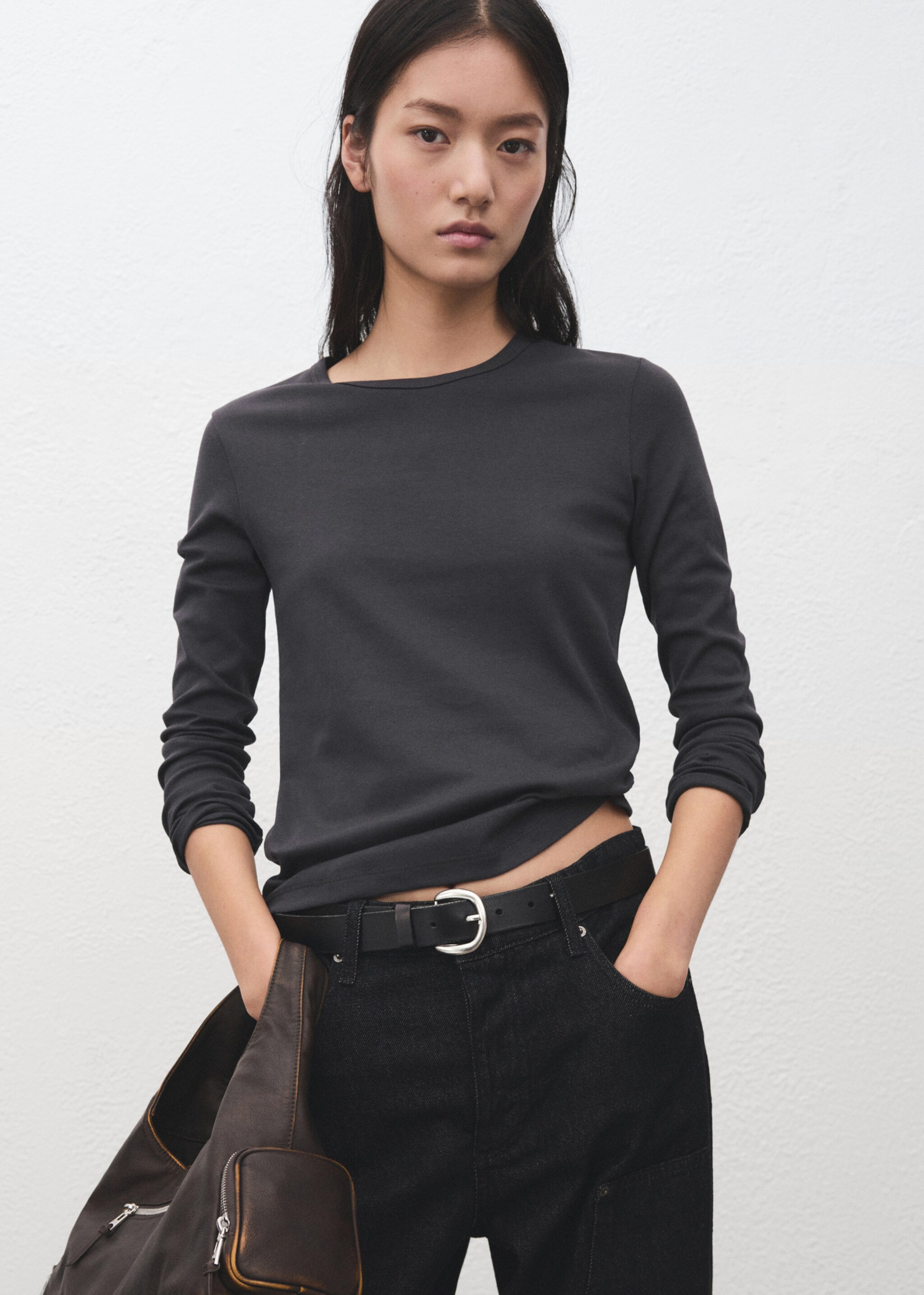 Long sleeve cotton t-shirt - Medium plane, Charcoal. Ref: 27001357-00.