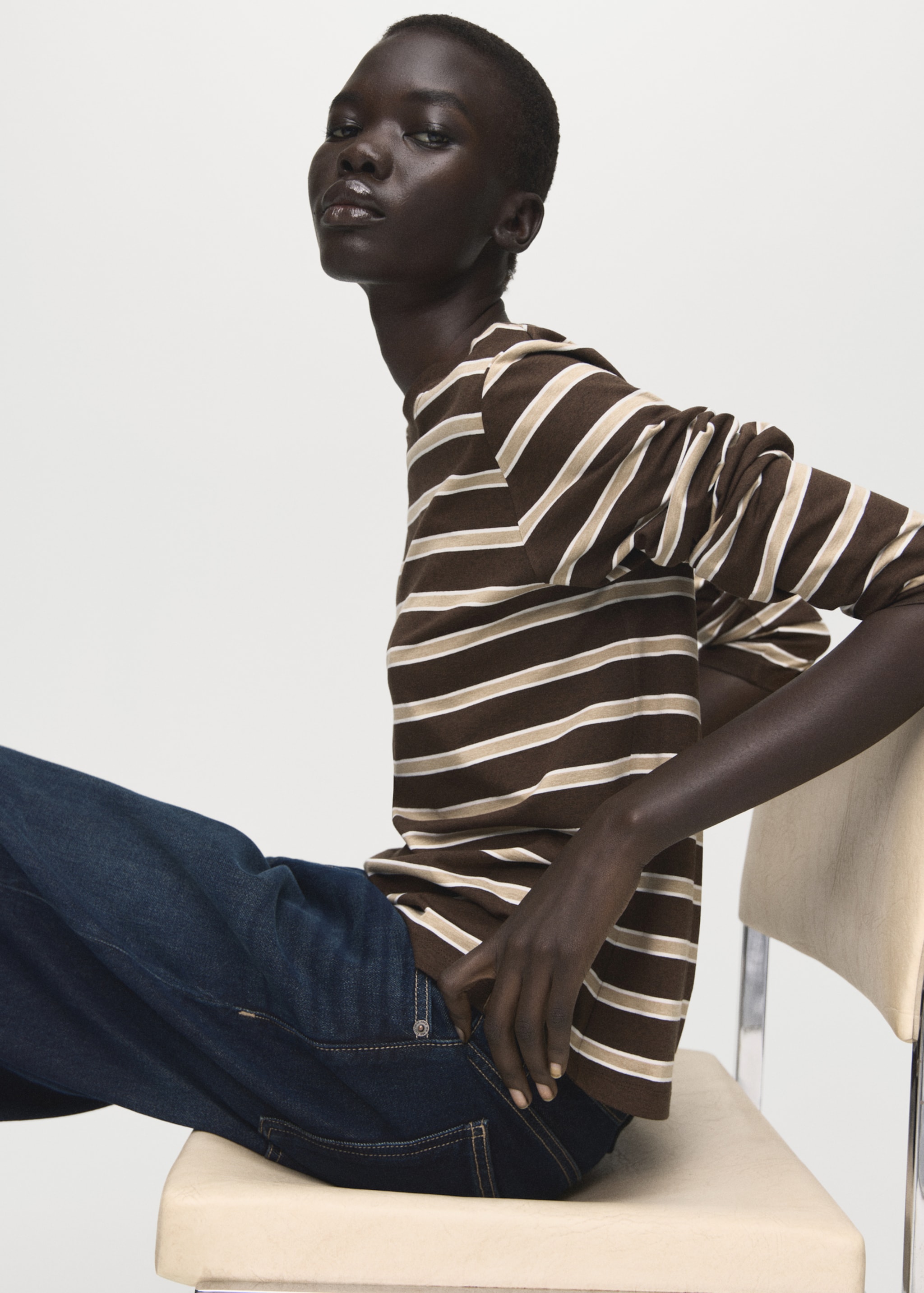 Long-sleeved striped t-shirt - Medium plane, Brown. Ref: 27001358-00.