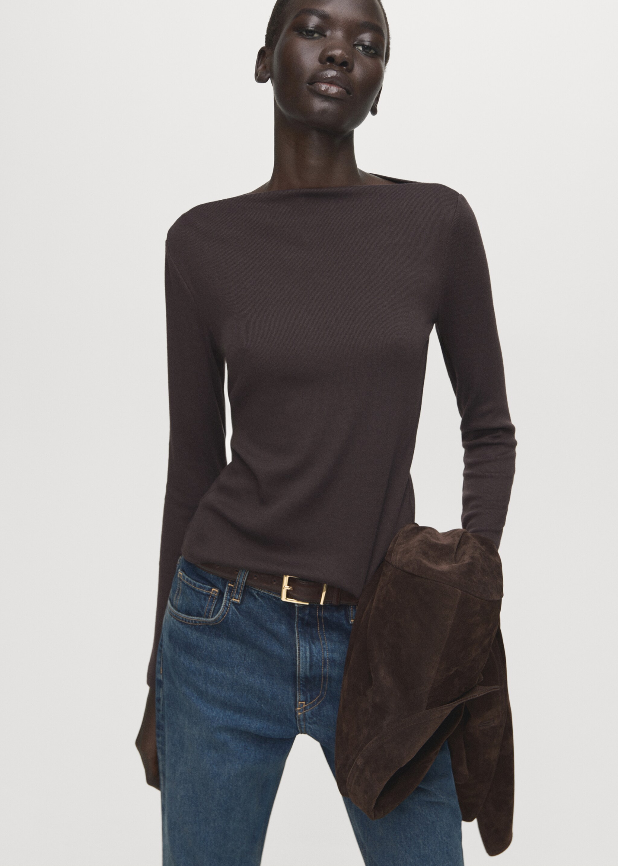 Long-sleeved boat-neck t-shirt - Medium plane, Chocolate. Ref: 27001360-00.