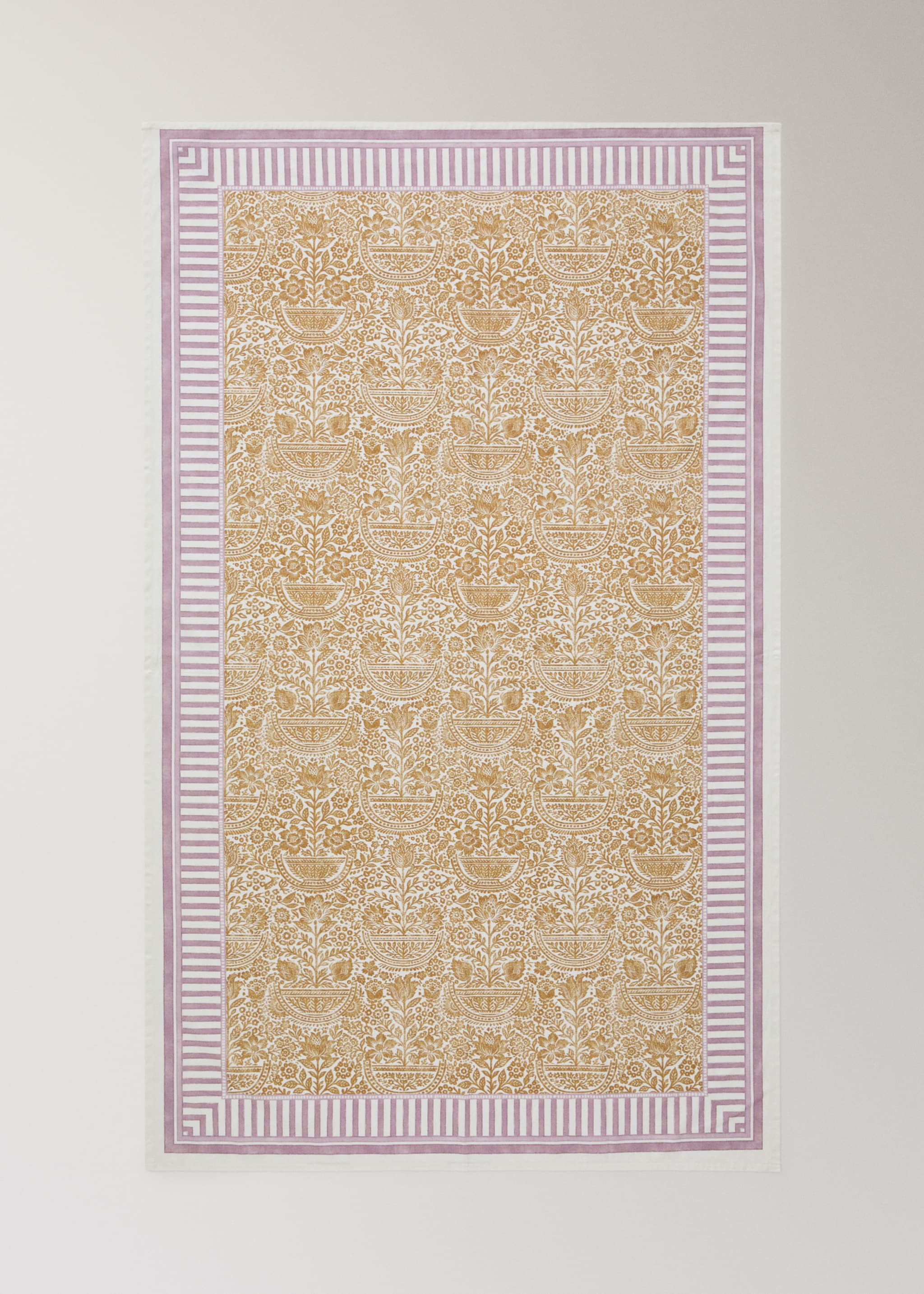 Cotton tablecloth with striped floral patterns for 6 to 8 guests - Details of the article 4, Yellow. Ref: 27001520-00.