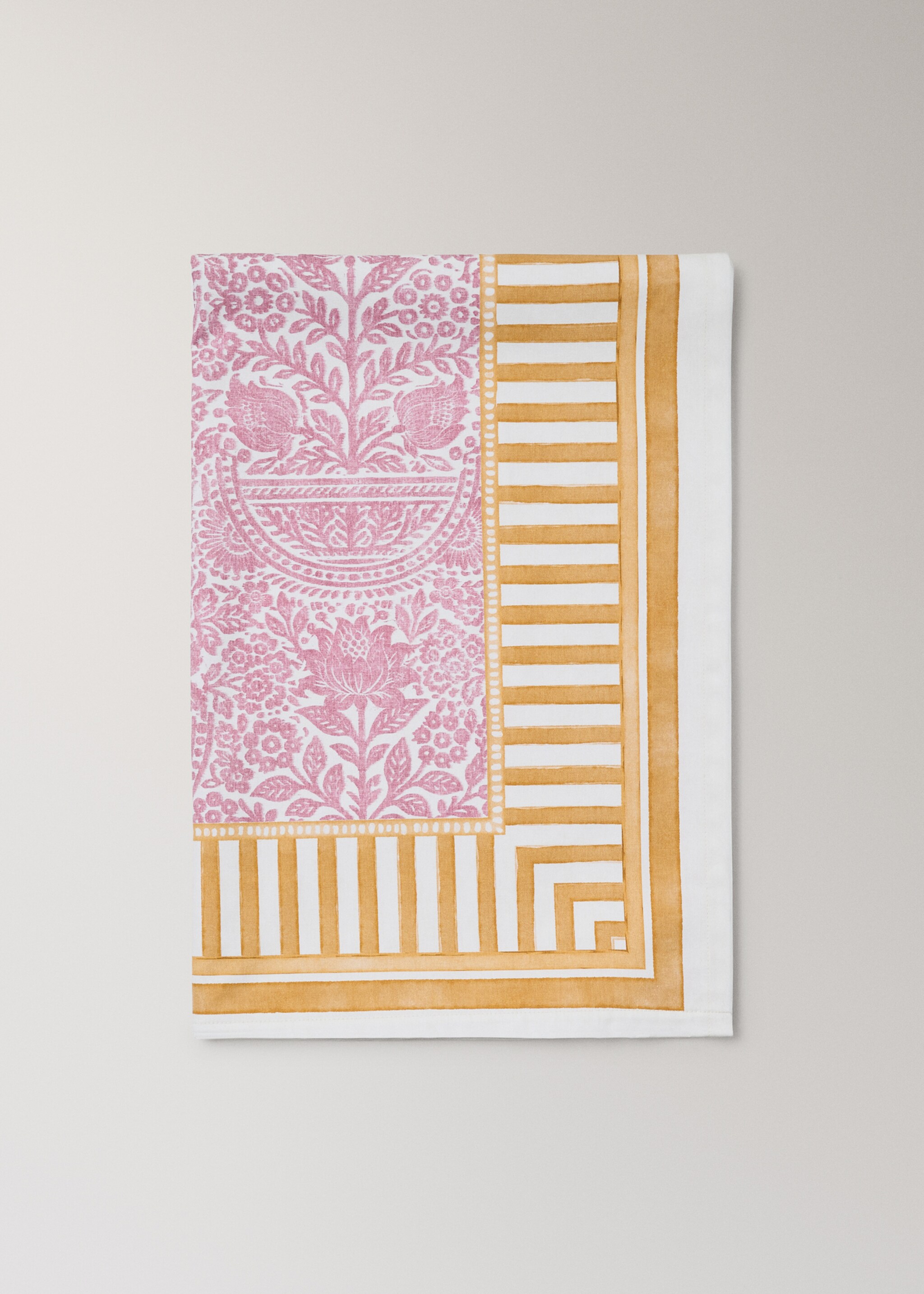 Τραπεζομάντηλο από βαμβάκι με ρίγες και λουλουδάτα μοτίβα για 6 έως 8 άτομα - Προϊόν χωρίς μοντέλο, Ροζ. Ref: 27001520-00.