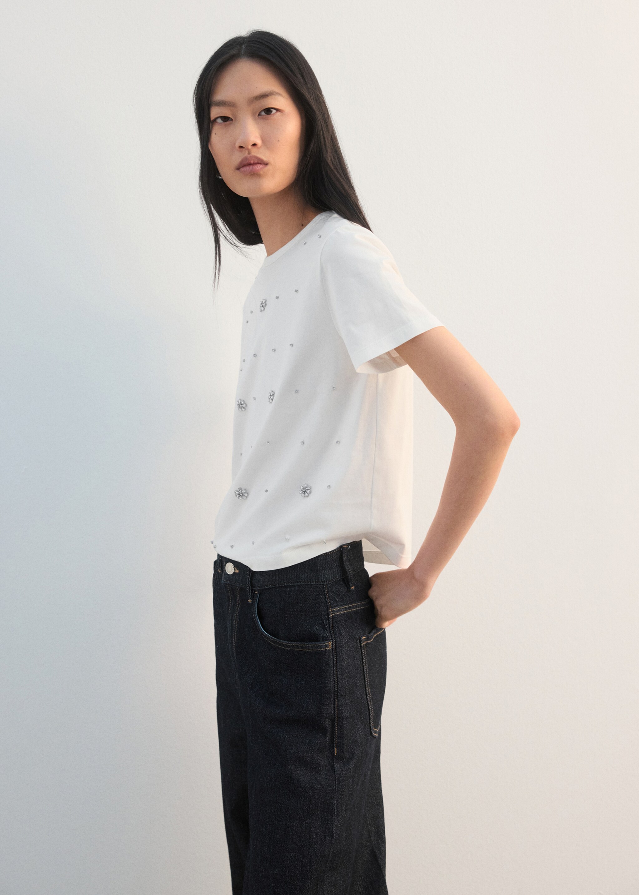 Camiseta algodón strass - Plano medio, Blanco. Ref: 27002546-00.