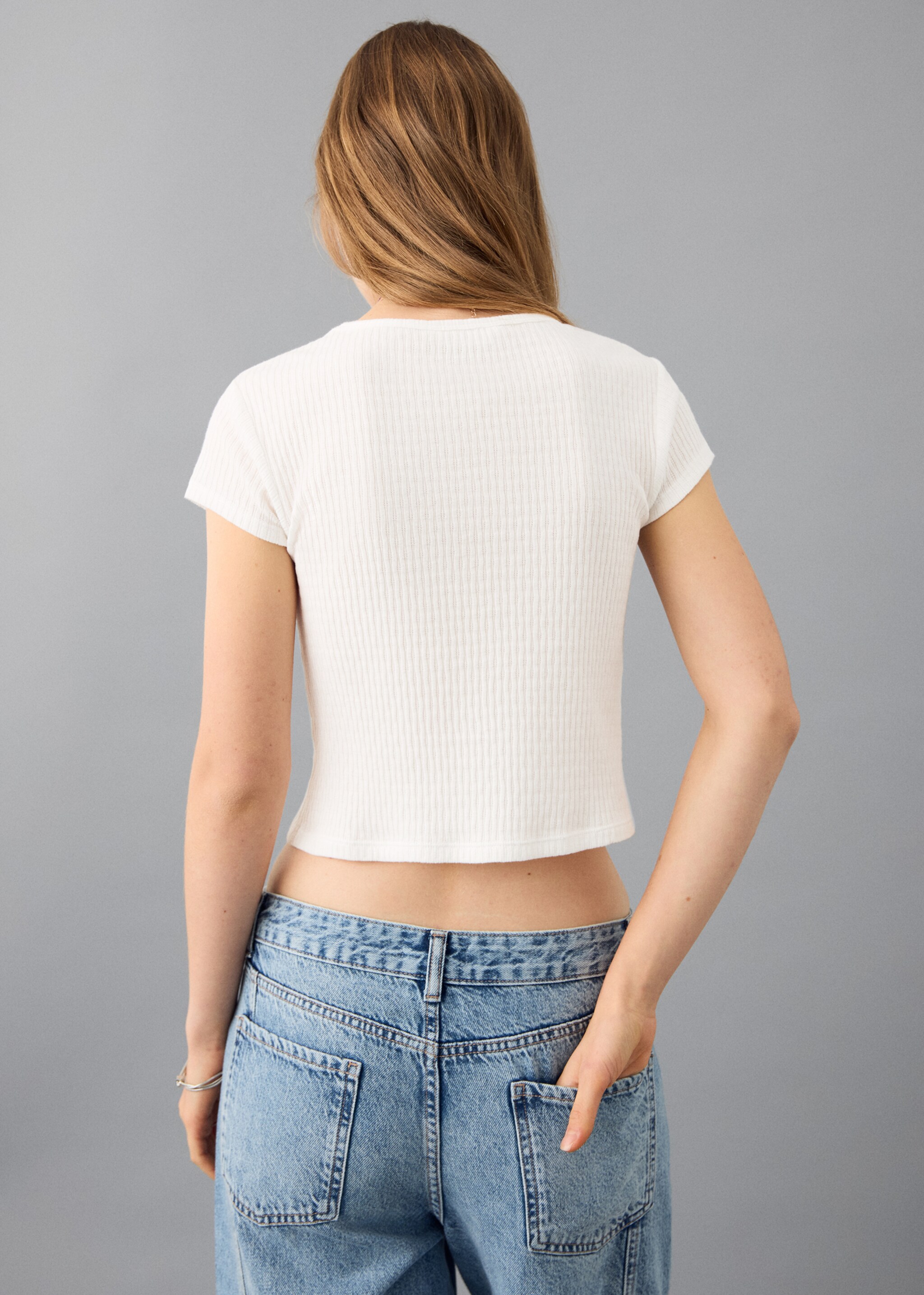 T-shirt manches courtes maille côtelée - Verso de l’article, Blanc cassé. Ref: 27002550-00.