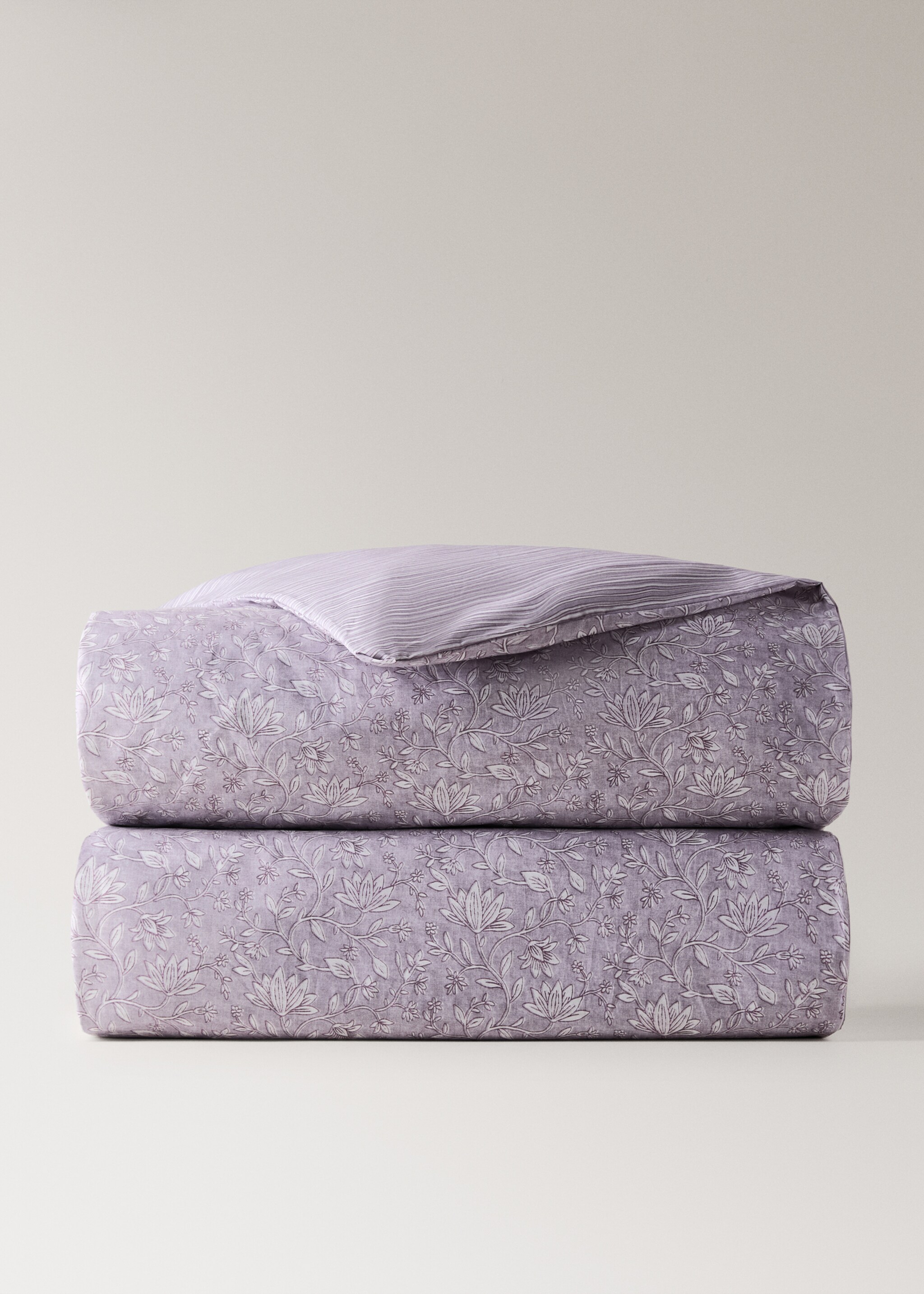 Reversible floral stripe duvet cover for 150/160 cm bed - Article without model, Light/Pastel Purple. Ref: 27002988-00.