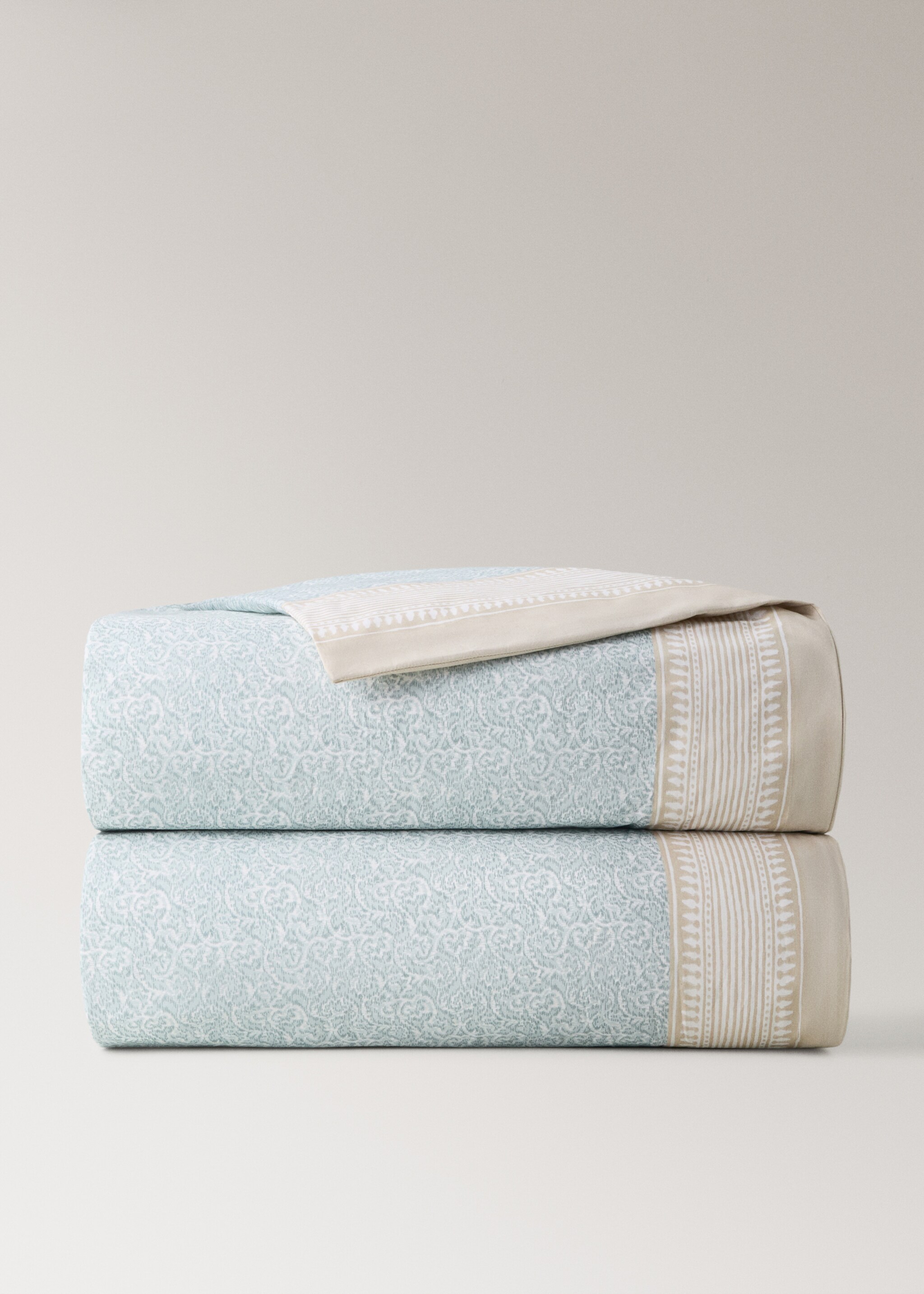 Decorative floral percale duvet cover with striped trim for 135/140-cm bed - Article without model, Pastel Green. Ref: 27002996-00.