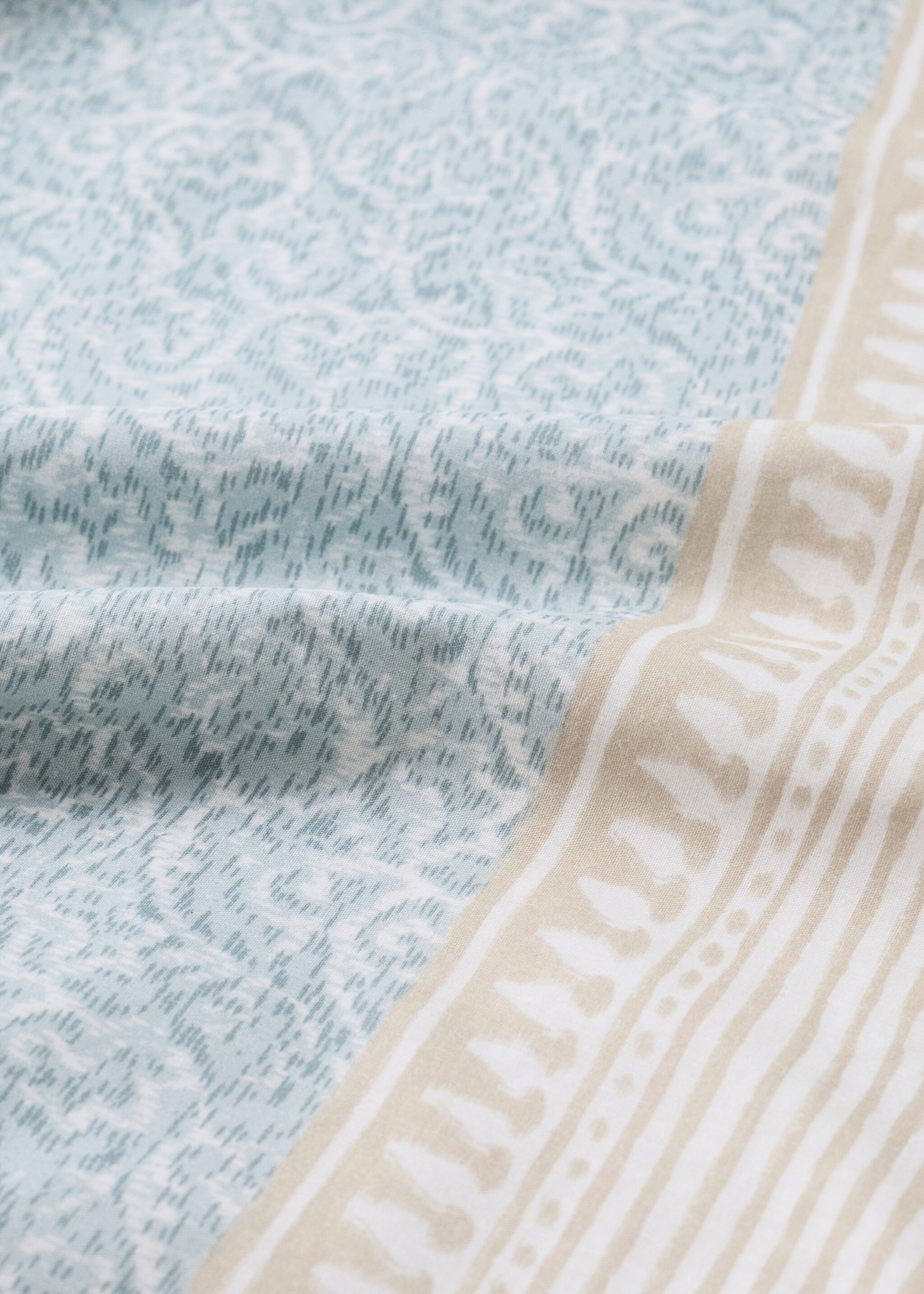 Decorative floral percale duvet cover with striped trim for 135/140-cm bed - Details of the article 1, Pastel Green. Ref: 27002996-00.