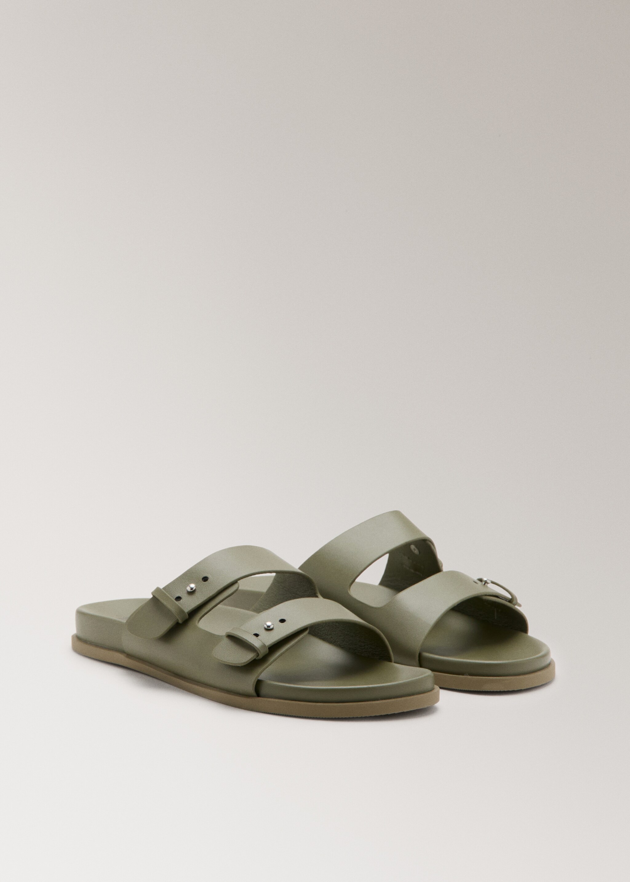 Double buckle leather sandals - Medium plane, Khaki. Ref: 27003321-00.