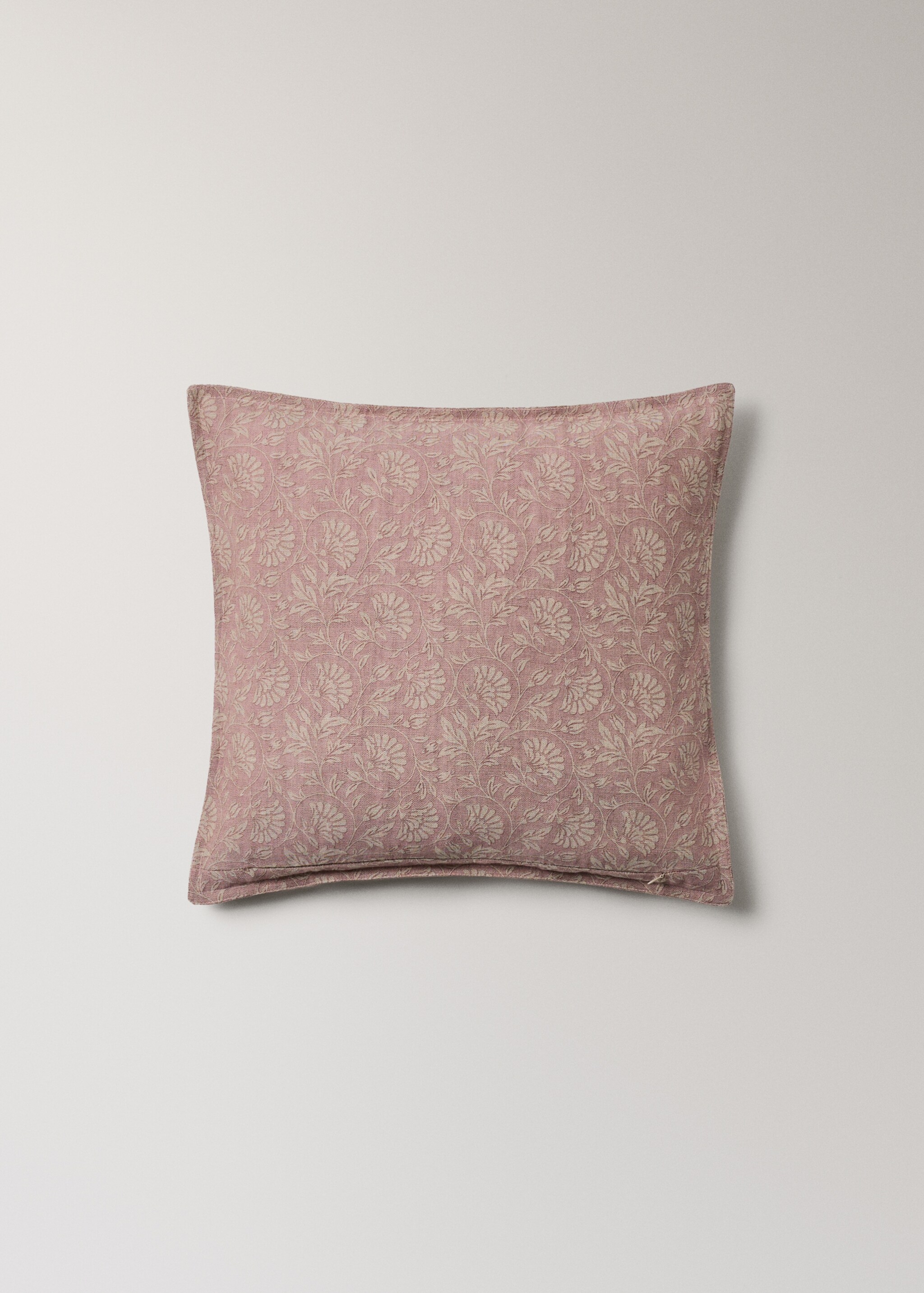 Floral cotton linen cushion cover 50x50cm - Details of the article 4, Pink. Ref: 27003355-00.
