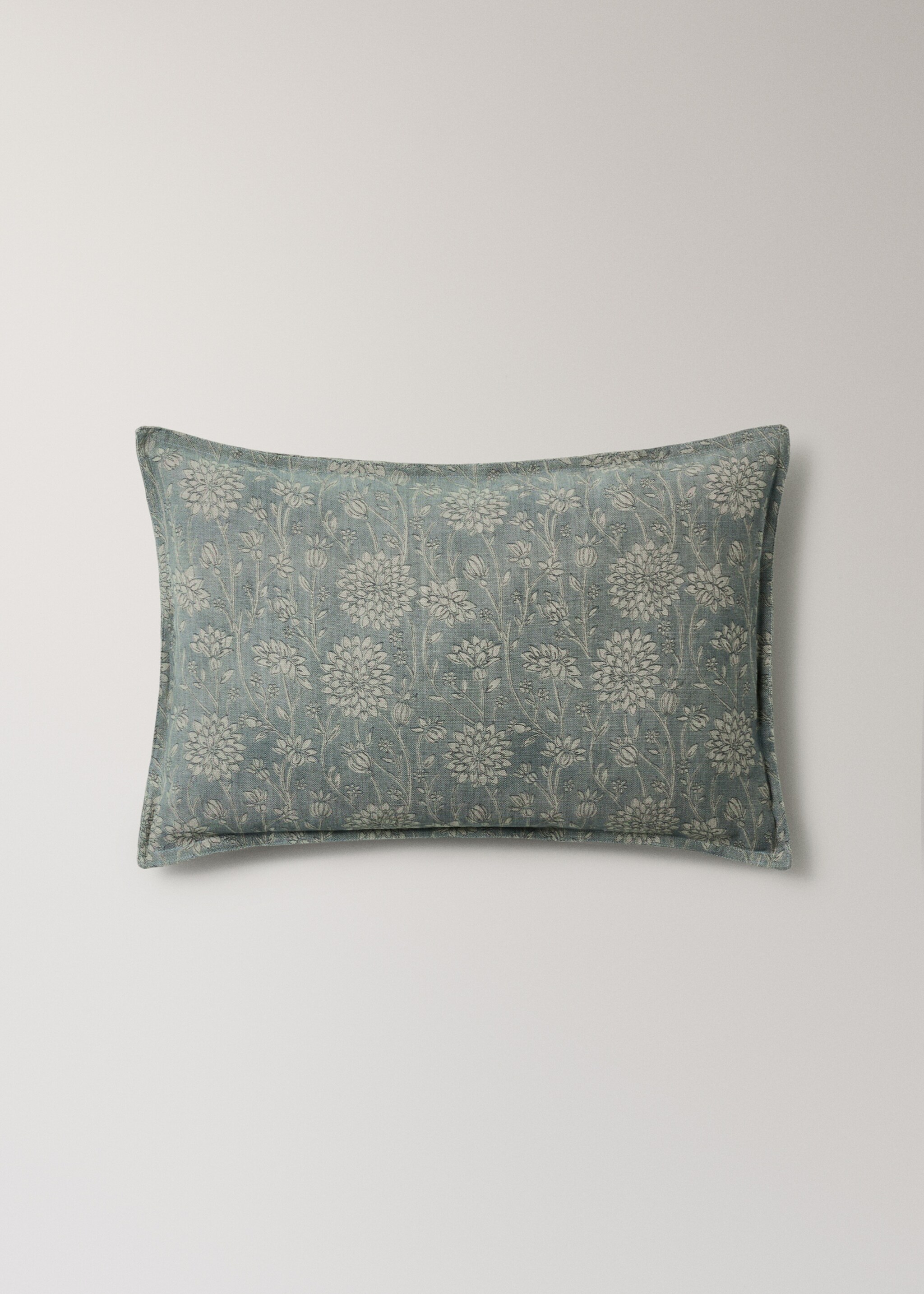Наволочка з льону та бавовни з квітковим принтом, подвійним швом, 40x60 см - Товар без моделі, Синій. Ref: 27003367-00.