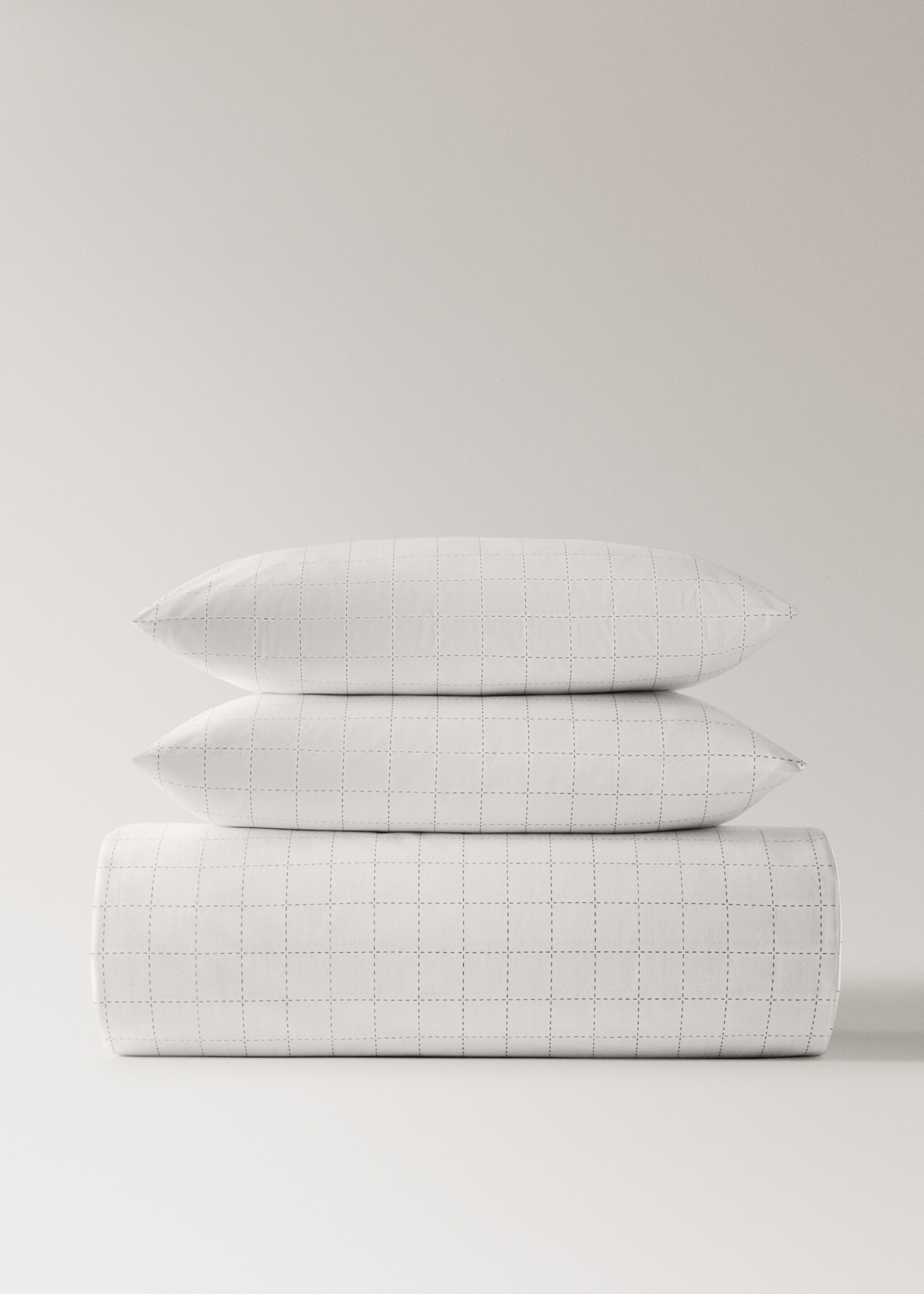Percale cotton duvet cover with stitched check print for 150/160 cm bed - Article without model, Off White. Ref: 27003731-00.