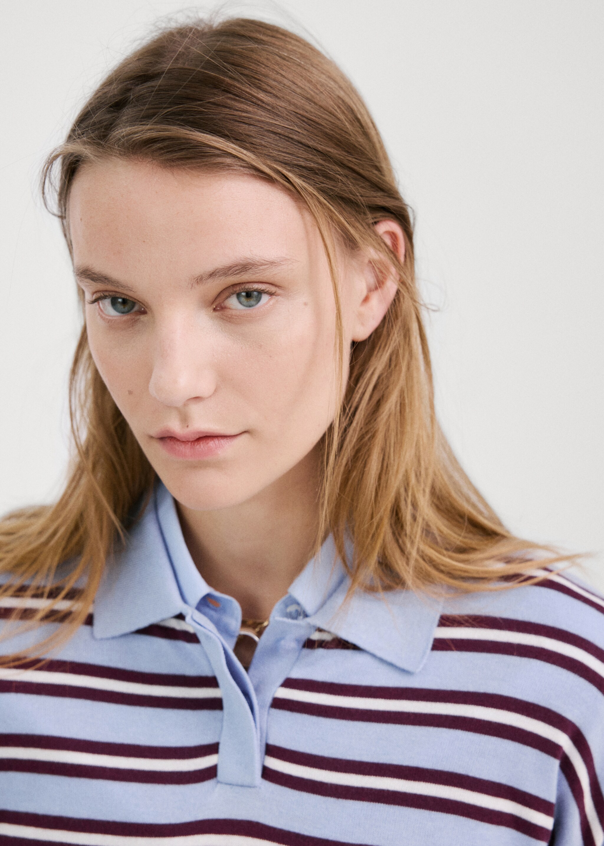 Striped polo-neck sweater - Details of the article 1, Sky Blue. Ref: 27004779-00.