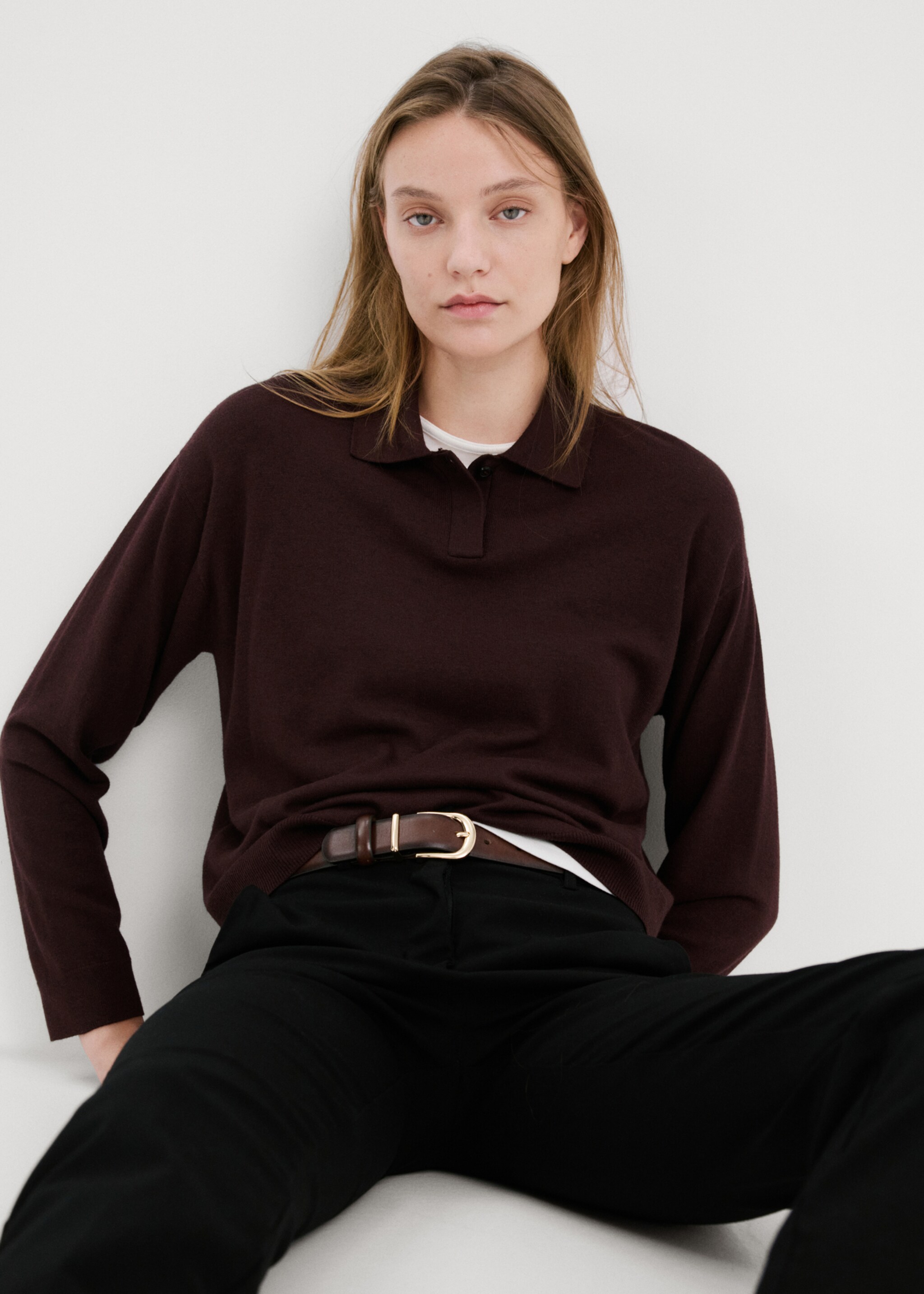 كنزة محبوكة بياقة بولو - رؤية وسط, كستنائي. Ref: 27004780-00.