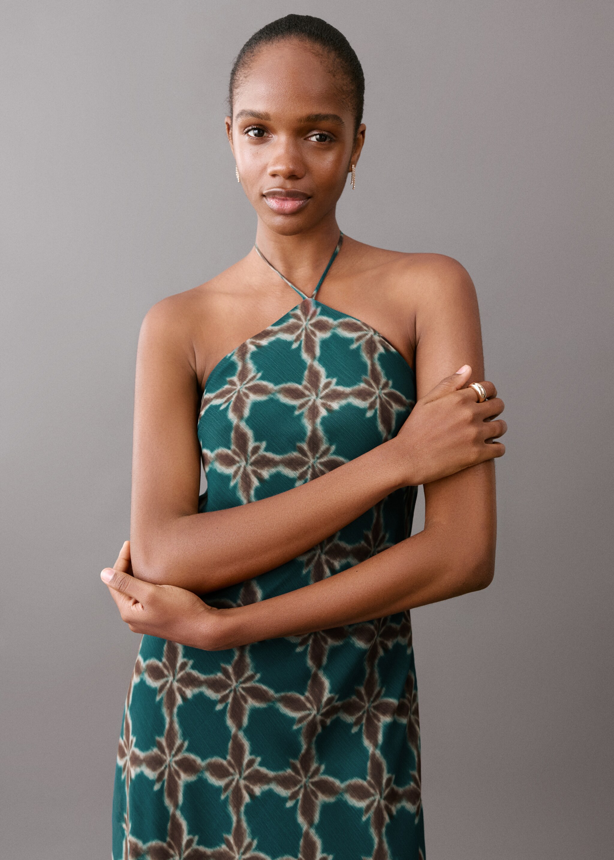 Halter-neck printed dress - Medium plane, Petrol Blue. Ref: 27005819-00.