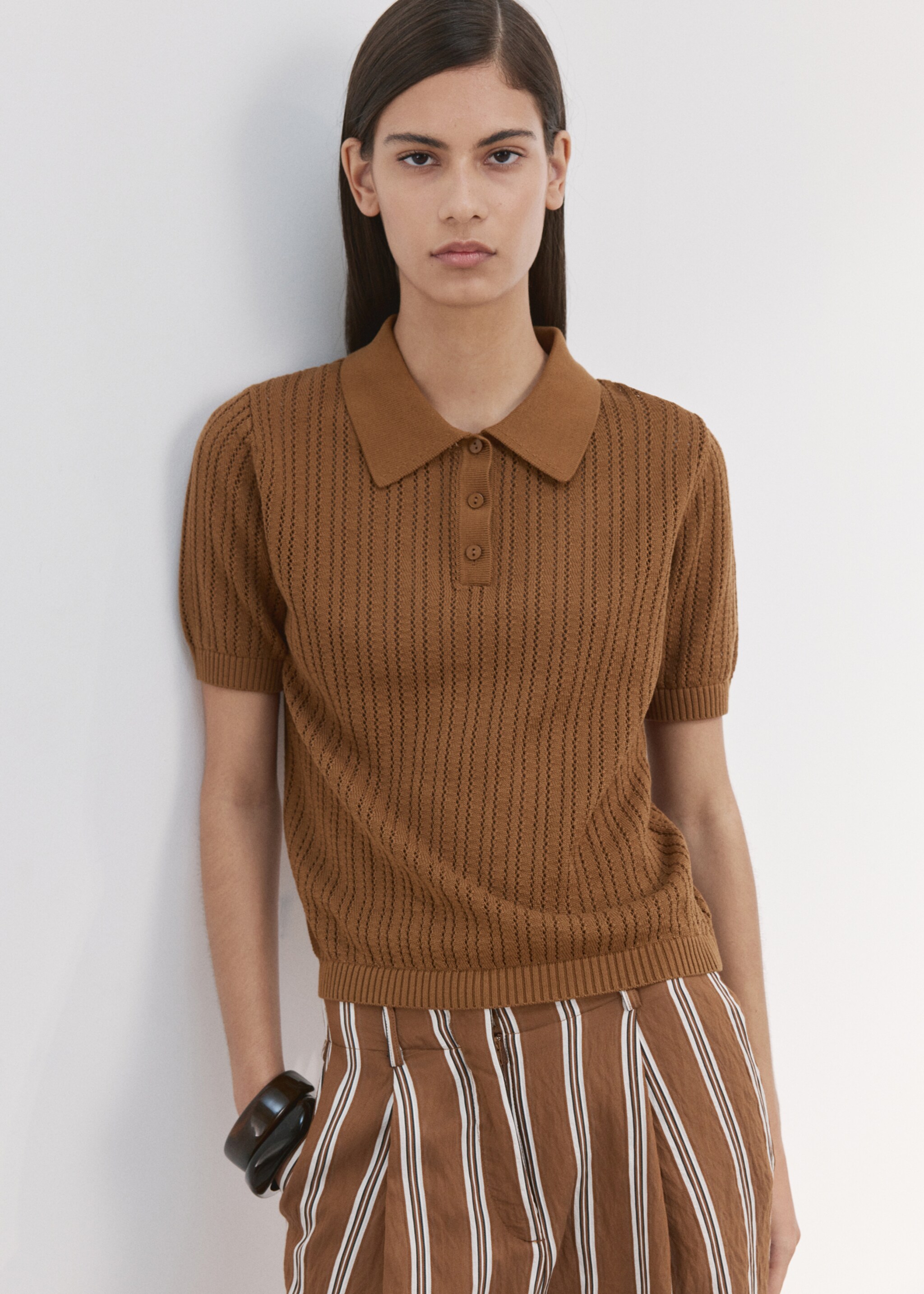 Openwork knitted polo-neck sweater - Medium plane, Caramel. Ref: 27005829-00.