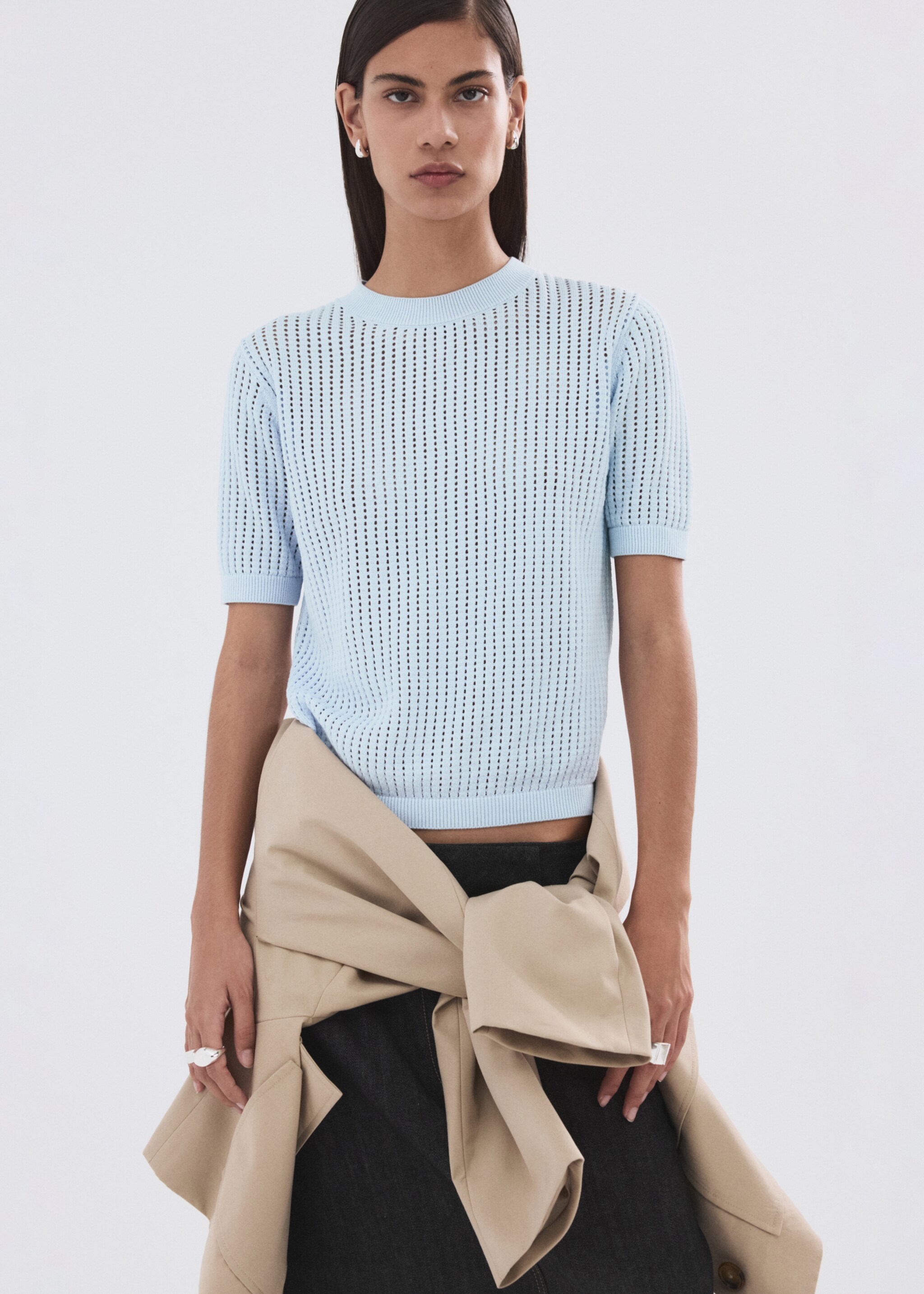 Short-sleeved openwork knitted sweater - Medium plane, Sky Blue. Ref: 27005830-00.