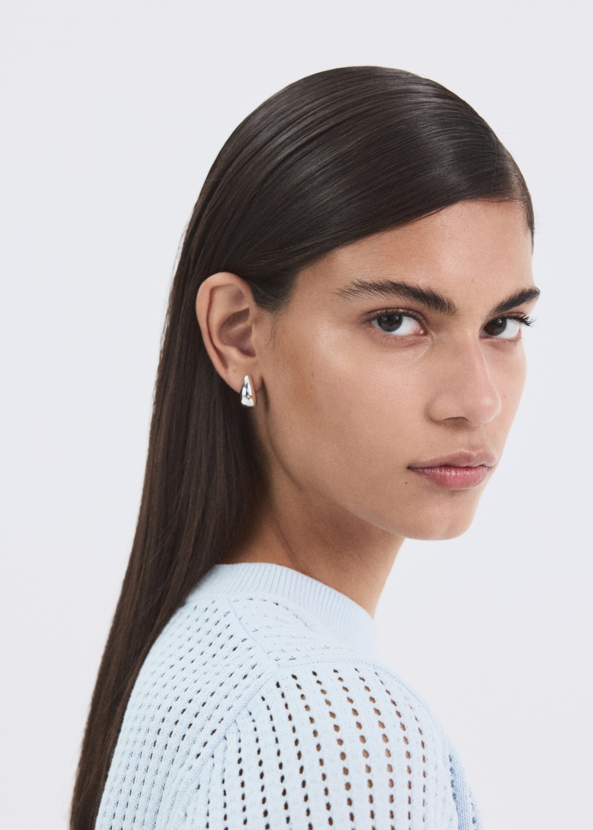 Short-sleeved openwork knitted sweater - Details of the article 1, Sky Blue. Ref: 27005830-00.