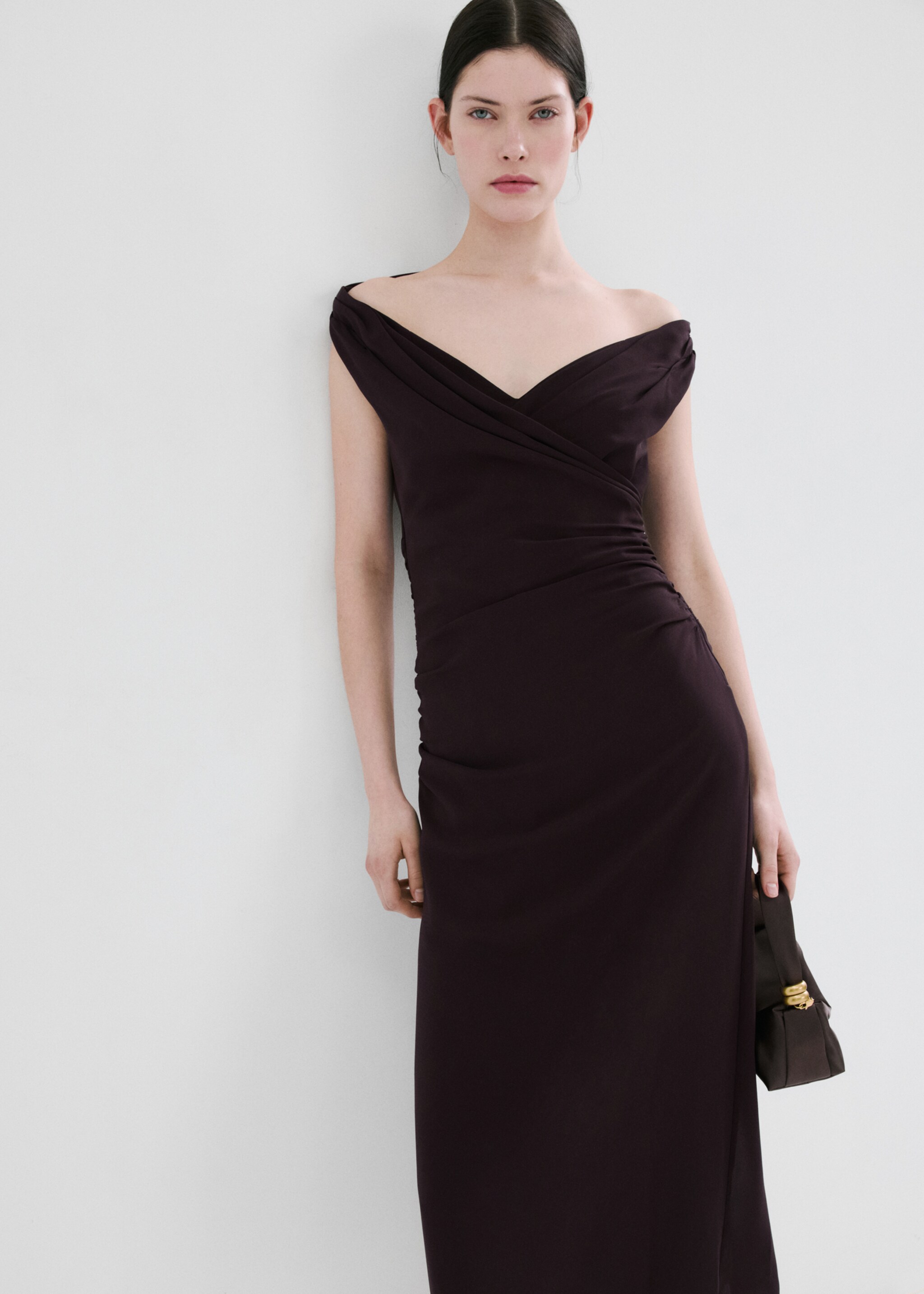 Ruched dress with crossover neckline - Medium plane, Brown. Ref: 27005836-00.