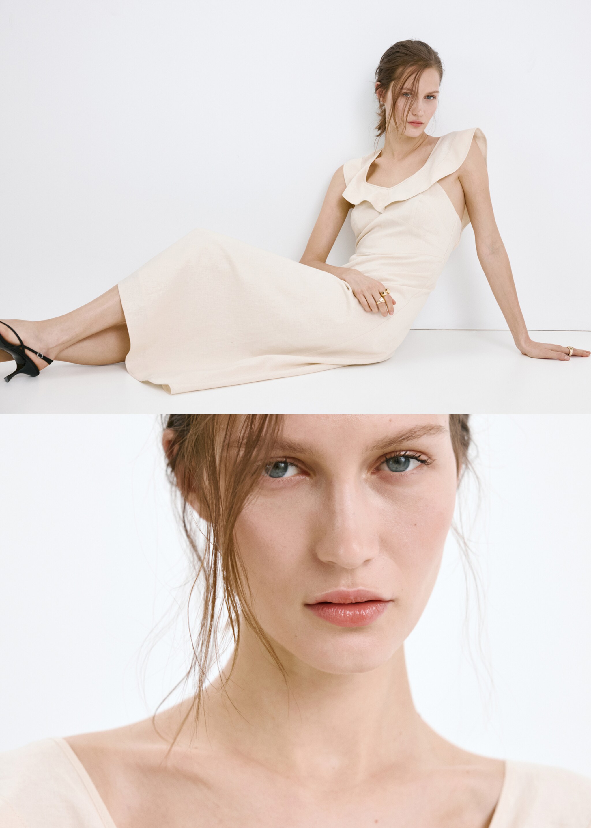 Ruffled linen dress - Details of the article 2, Sand. Ref: 27005840-00.