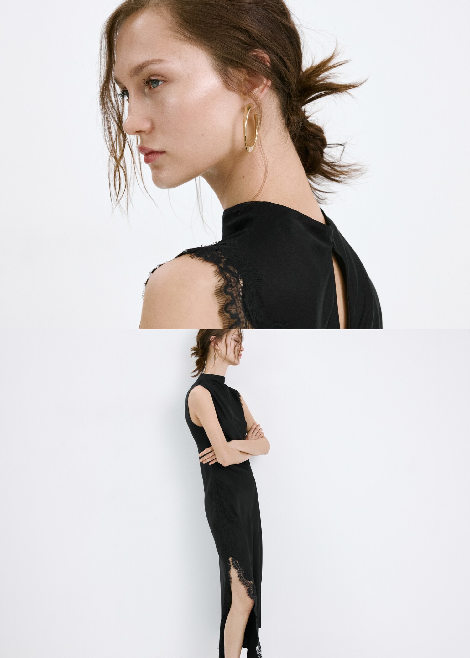 Satin long dress with lace details - Details of the article 2