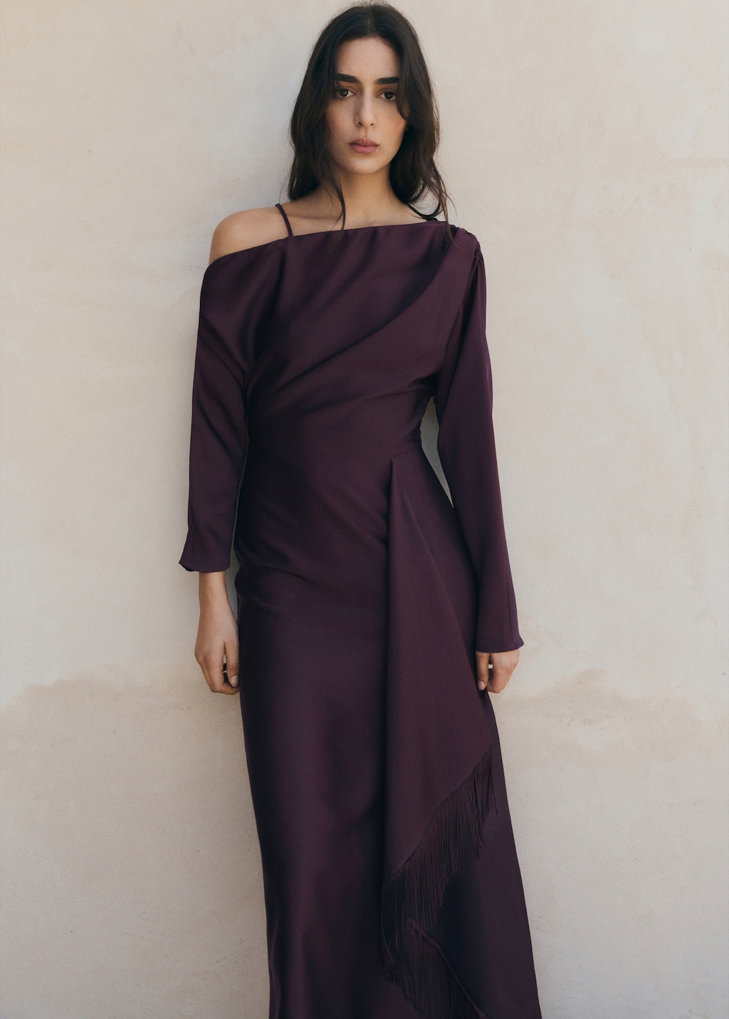Mango Asymmetrical satin dress with fringes