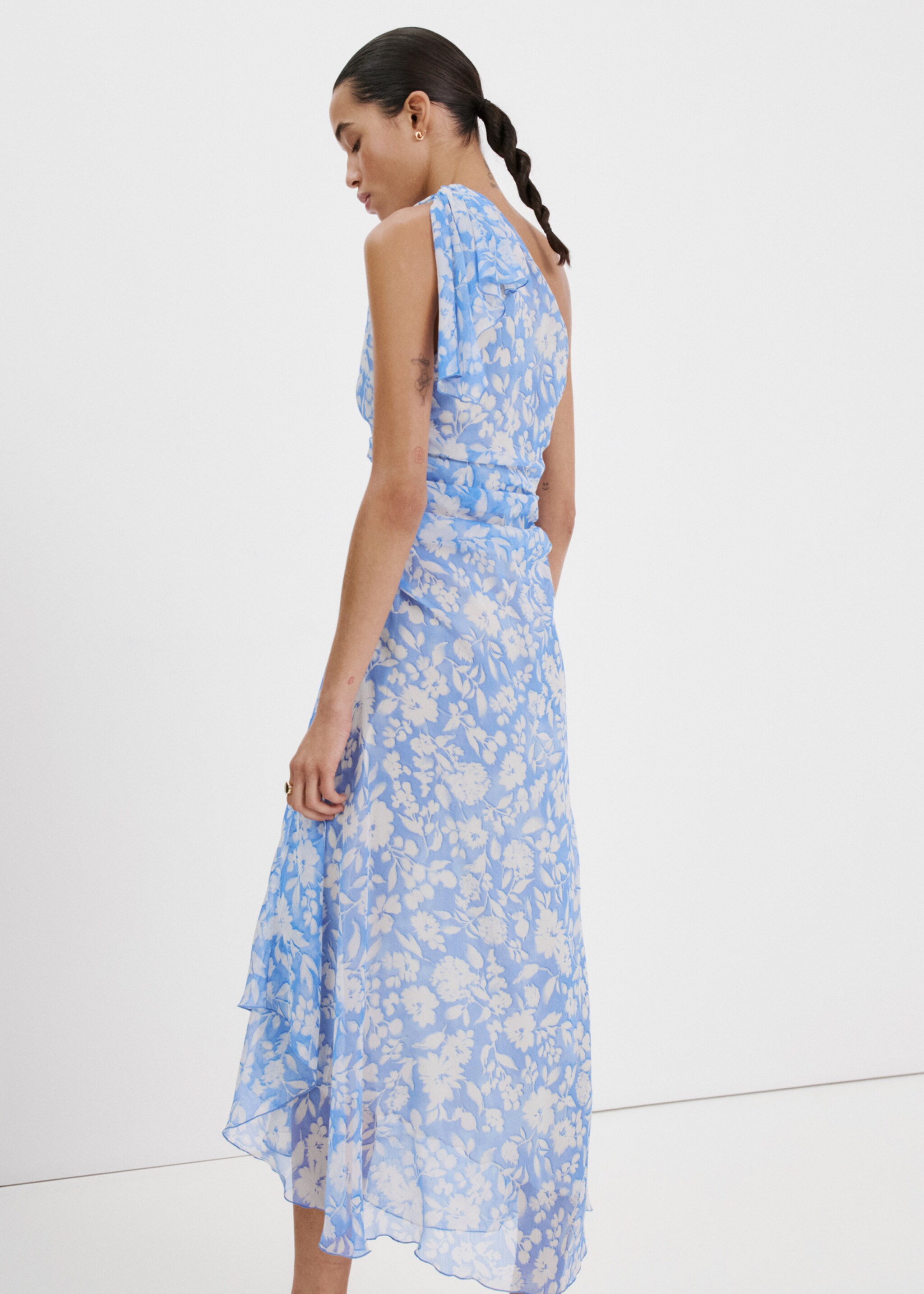 Floral dress with asymmetrical neckline - Reverse of the article, Blue. Ref: 27005852-00.