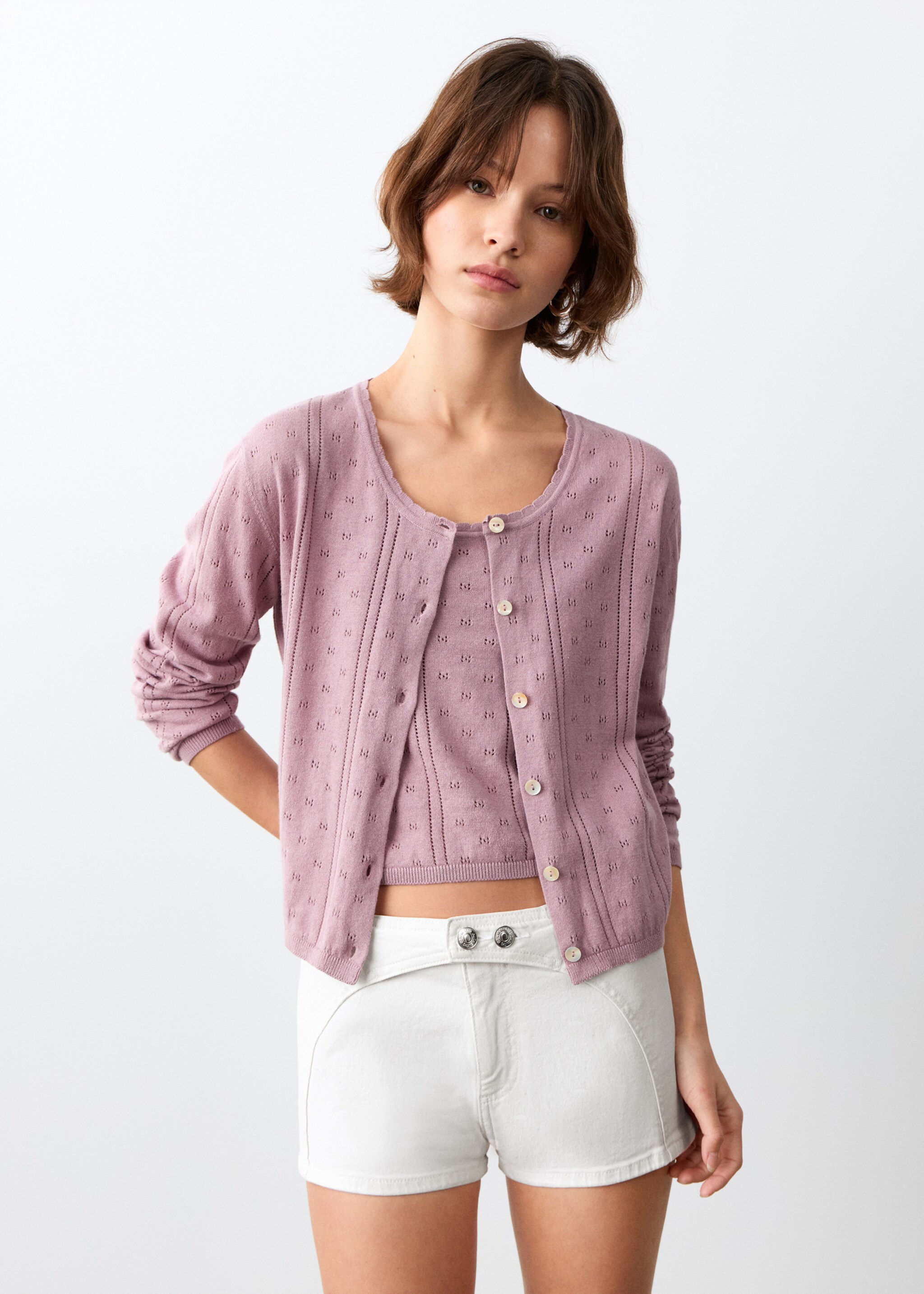 Denim shorts with stitching detail - رؤية وسط, سكري. Ref: 27005953-00.