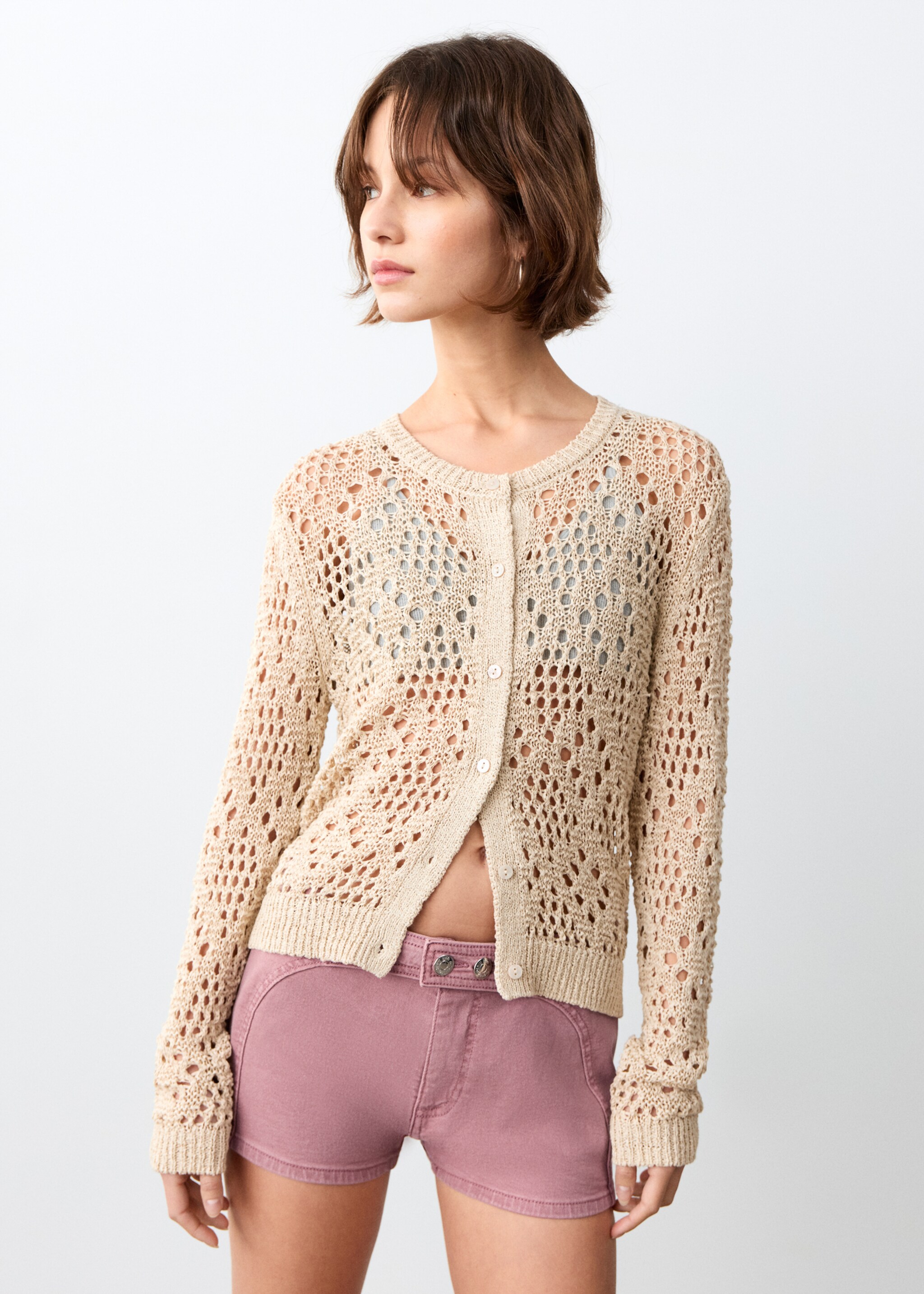 Denim shorts with stitching detail - رؤية وسط, وردي. Ref: 27005962-00.