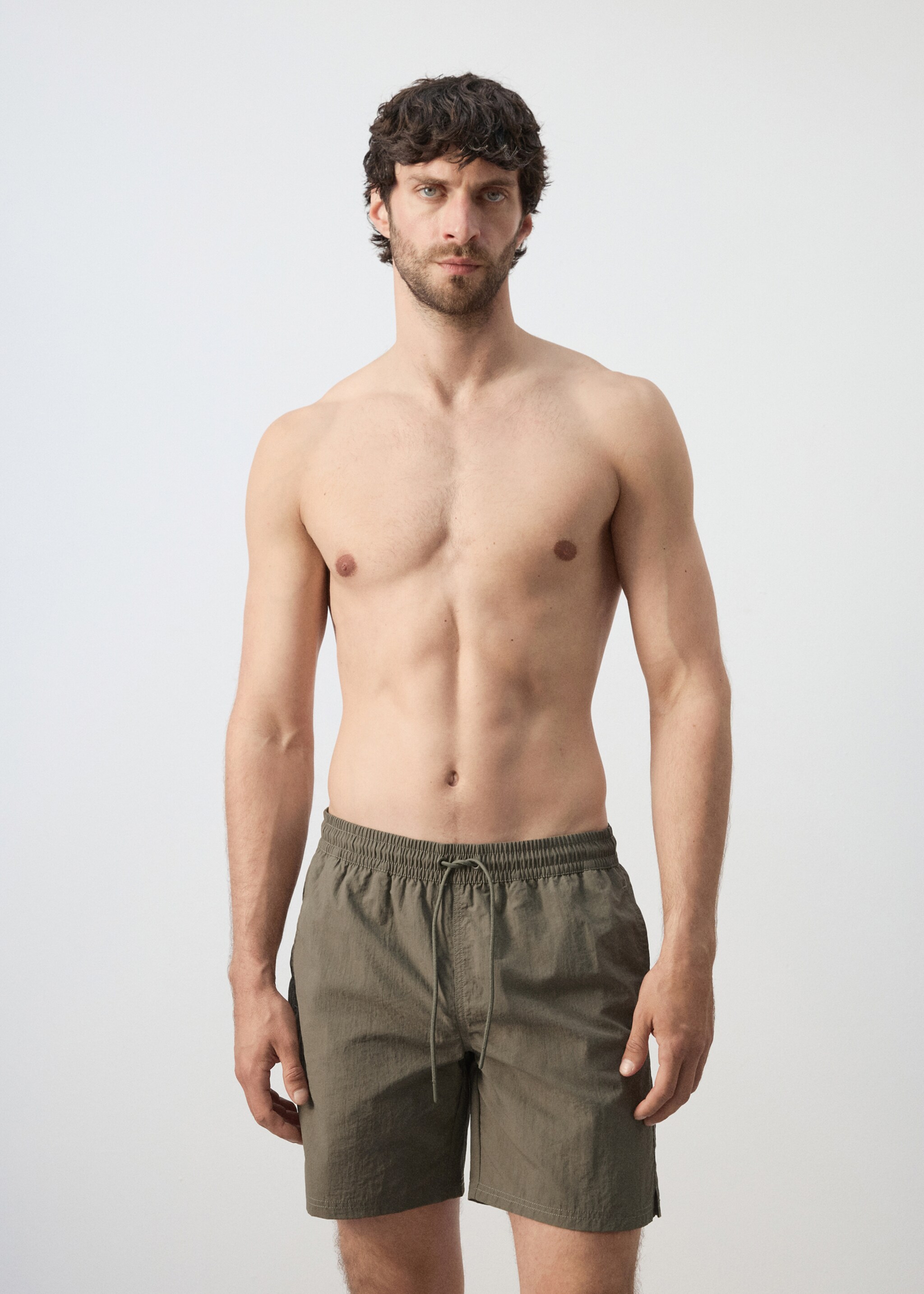 베이직 드로스트링 수영복 - 중간 평면도, 카키. Ref: 27006007-00.