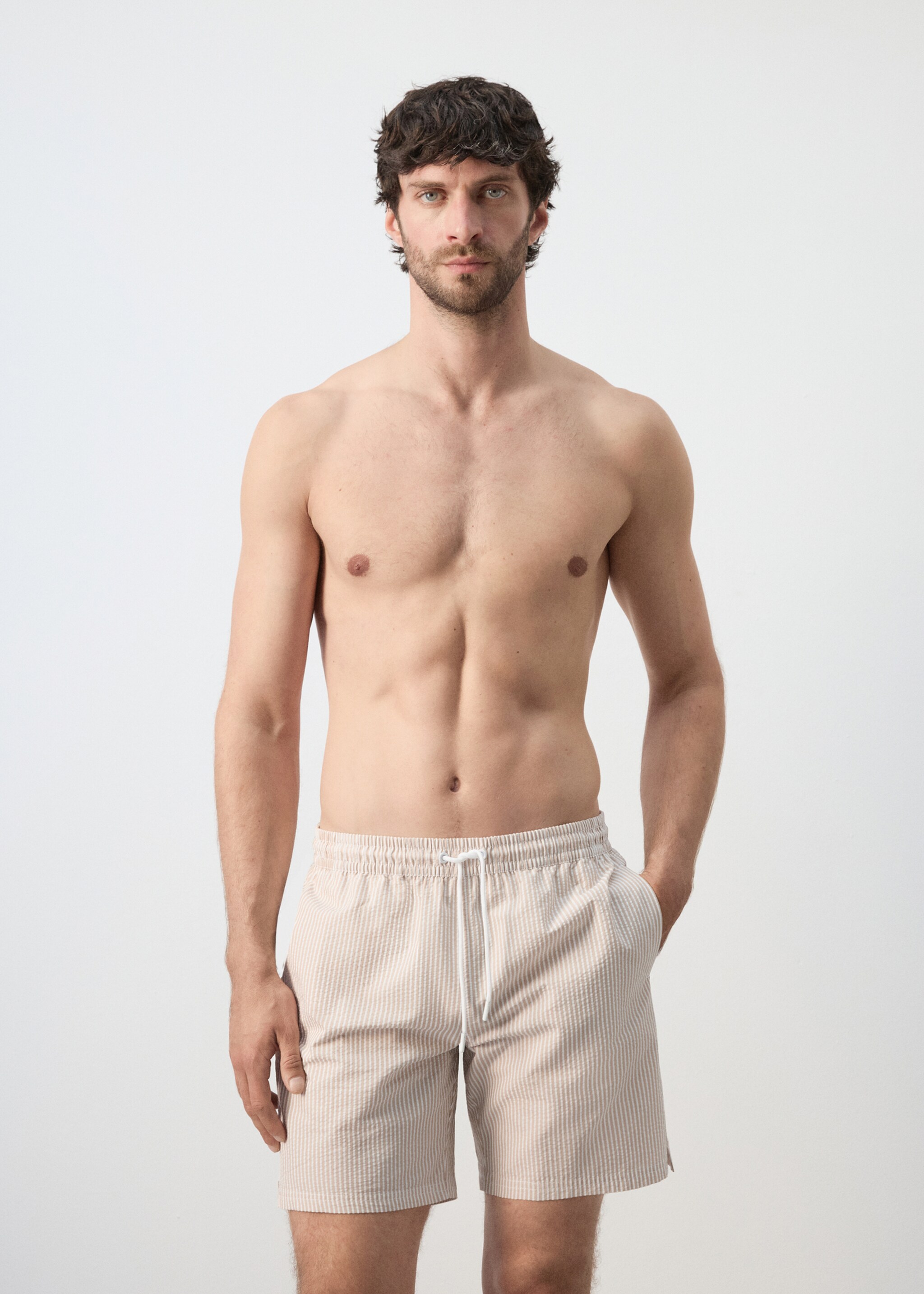 시어서커 수영 트렁크 - 중간 평면도, 샌드. Ref: 27006008-00.