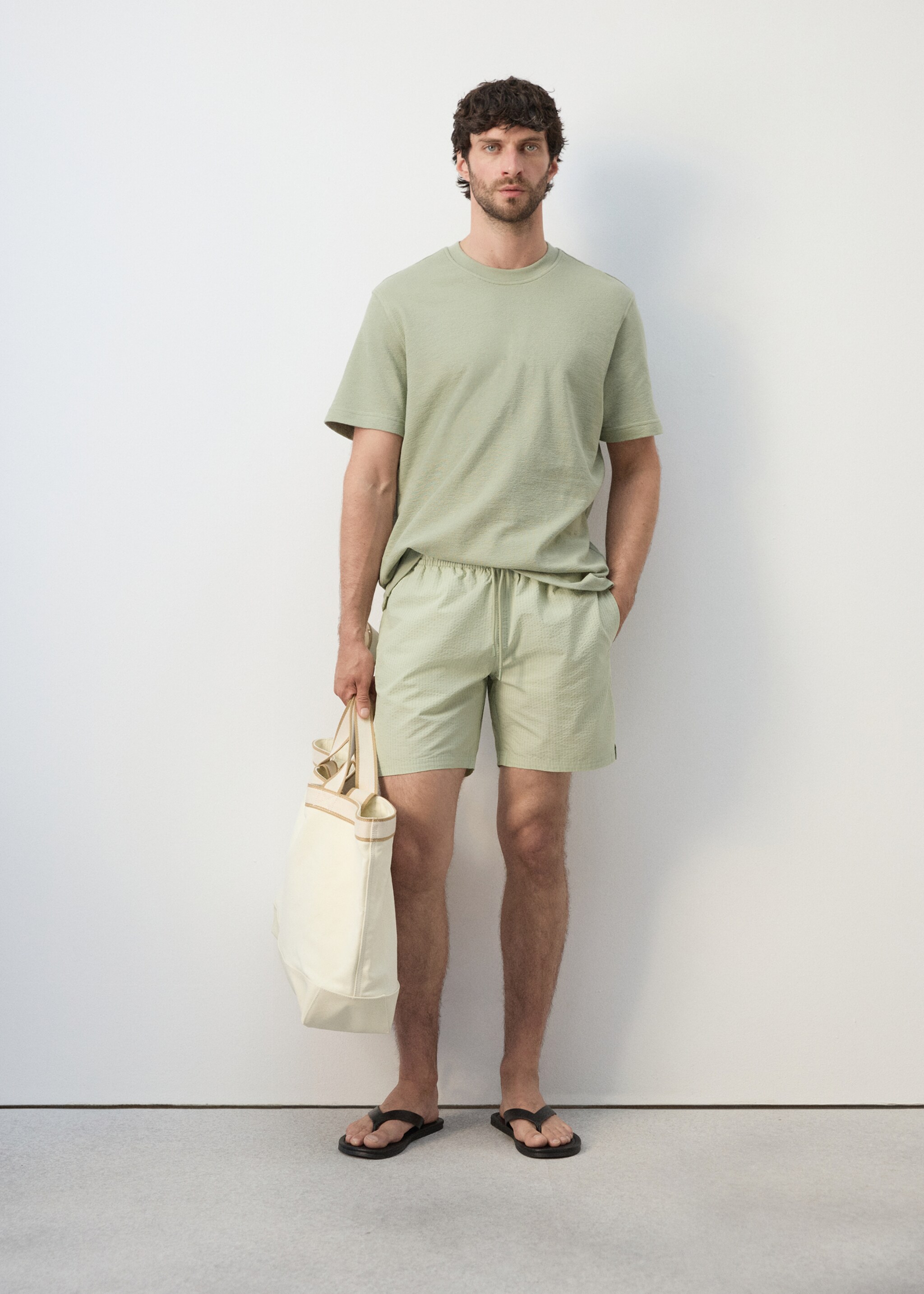 Seersucker swimming trunks - Details of the article 2, Pastel Green. Ref: 27006008-00.