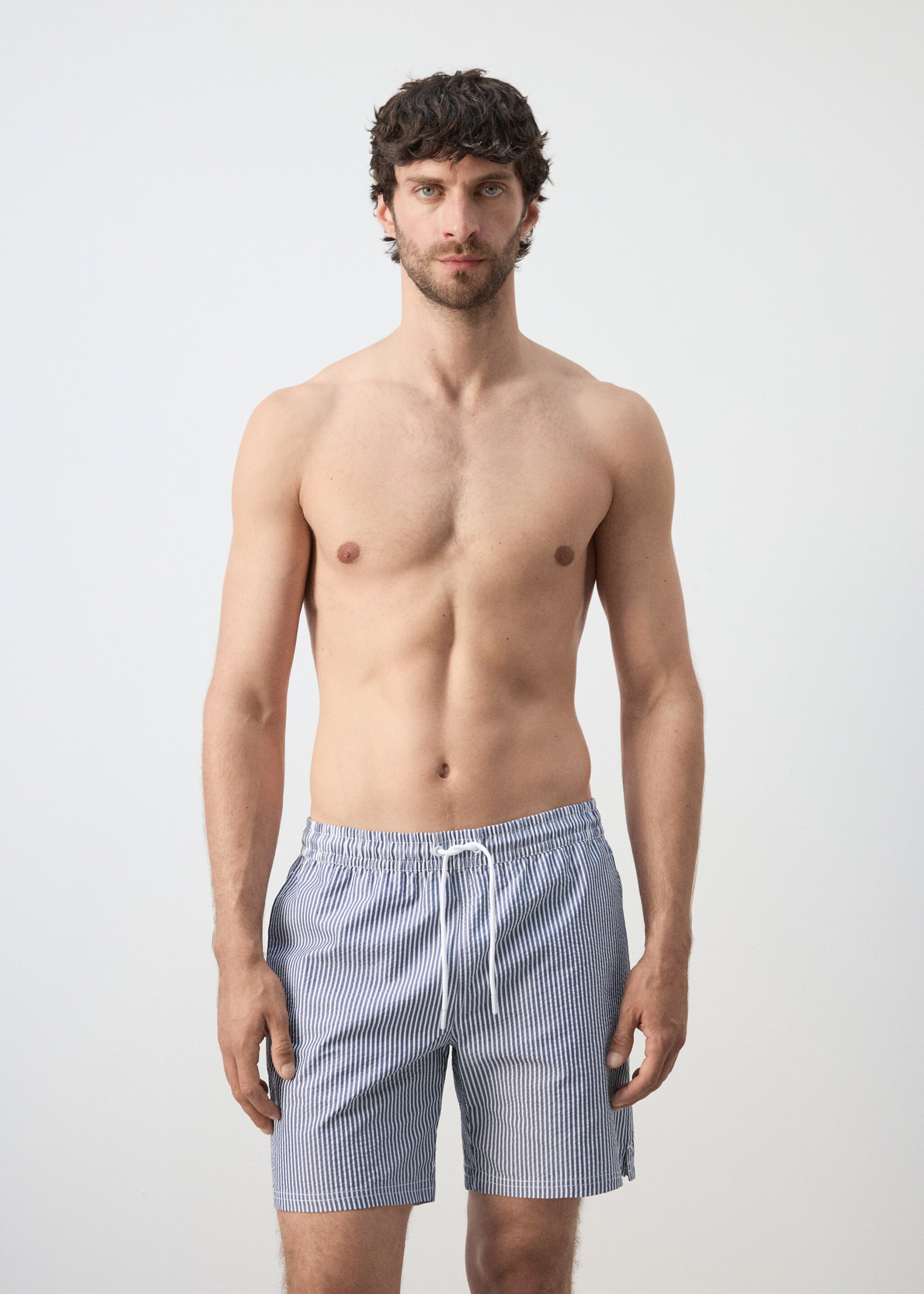 시어서커 수영 트렁크 - 중간 평면도, 다크 네이비. Ref: 27006008-00.