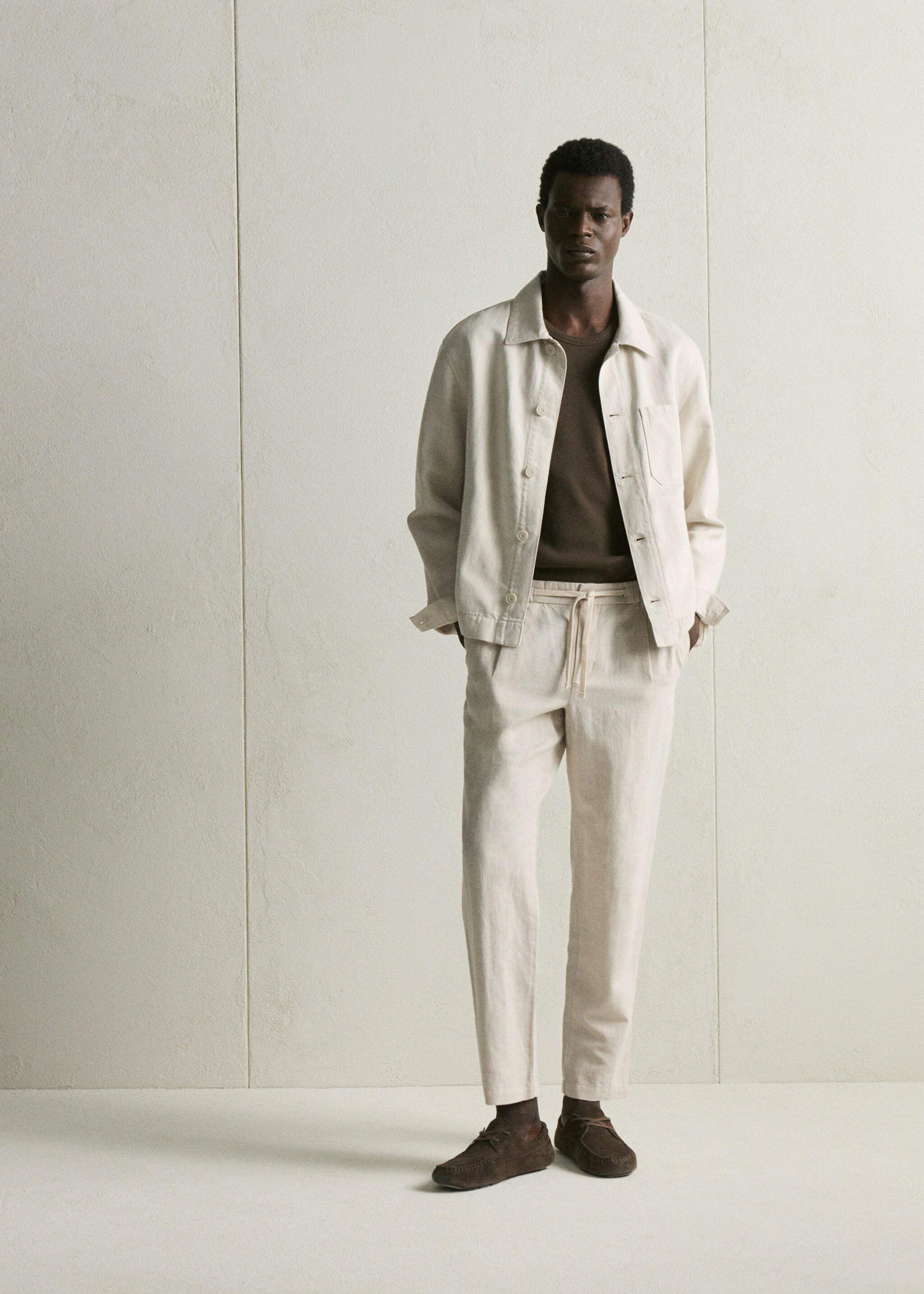 Slim fit cropped linen-cotton trousers - Details of the article 5, Ecru. Ref: 27006714-00.