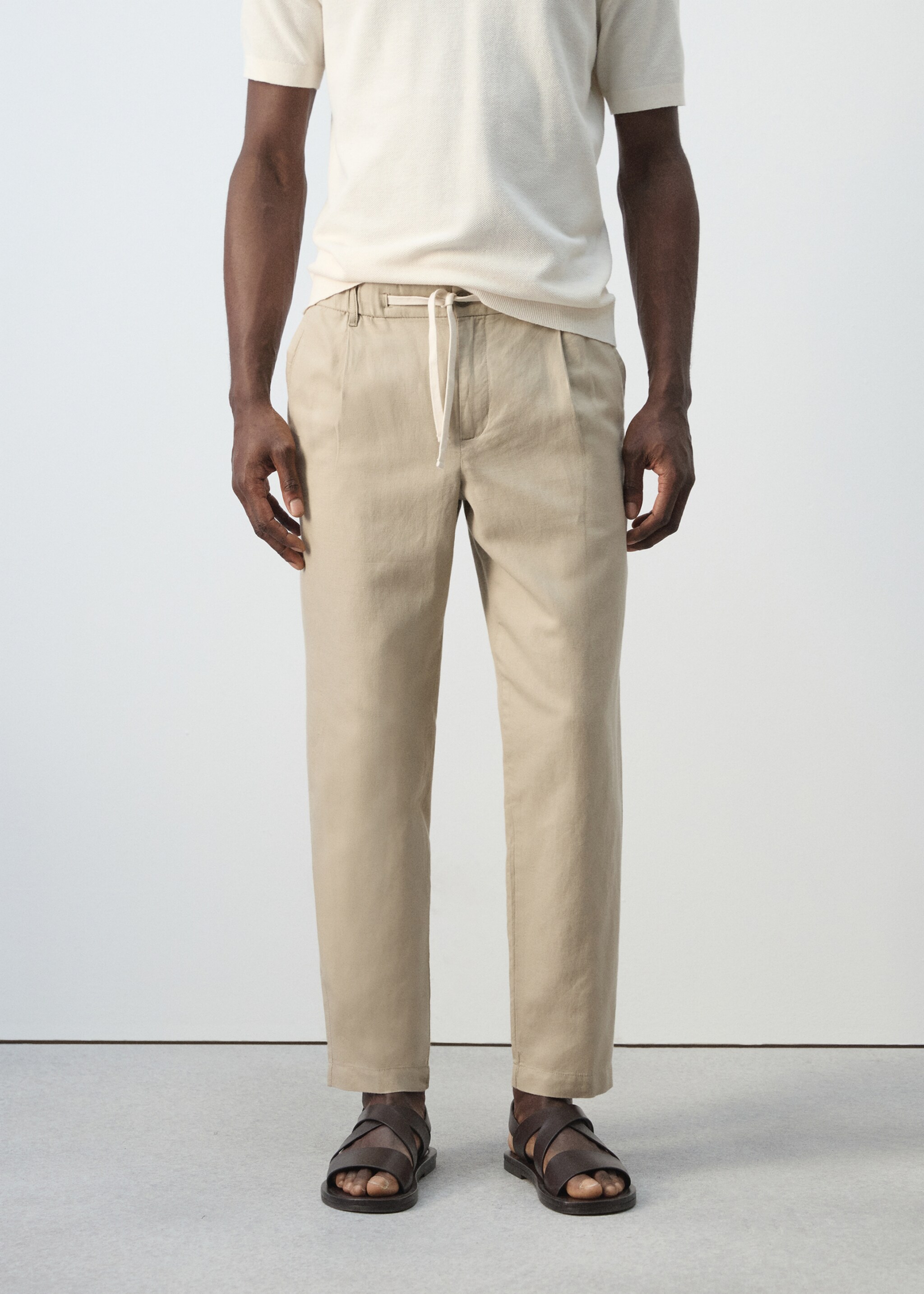 Pantalón lino algodón slim fit cropped - Plano medio, Beige. Ref: 27006714-00.