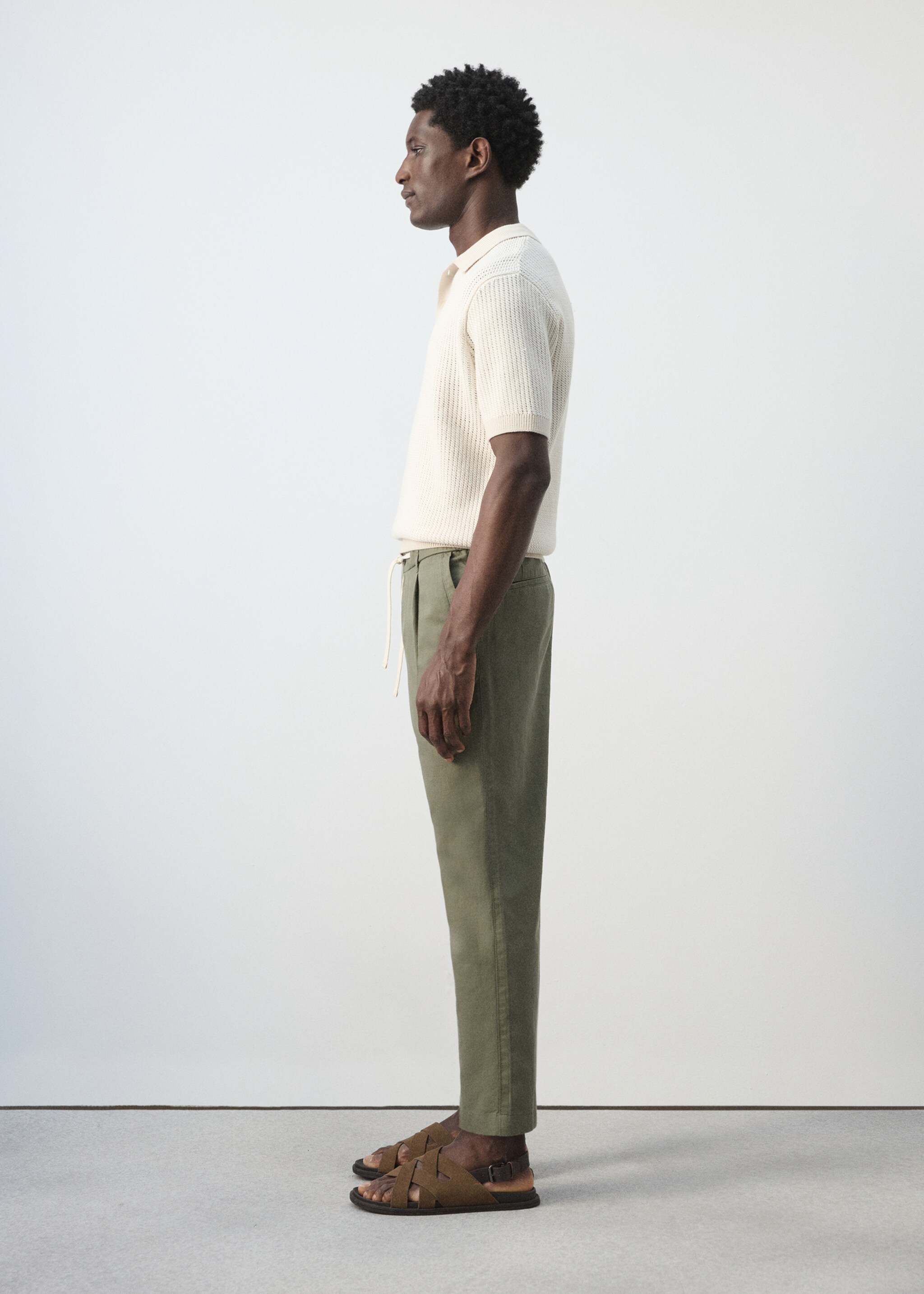 بنطلون كتان قطن بقصة ضيقة وقصيرة - تفاصيل المنتج 2, أخضر زرعي. Ref: 27006714-00.