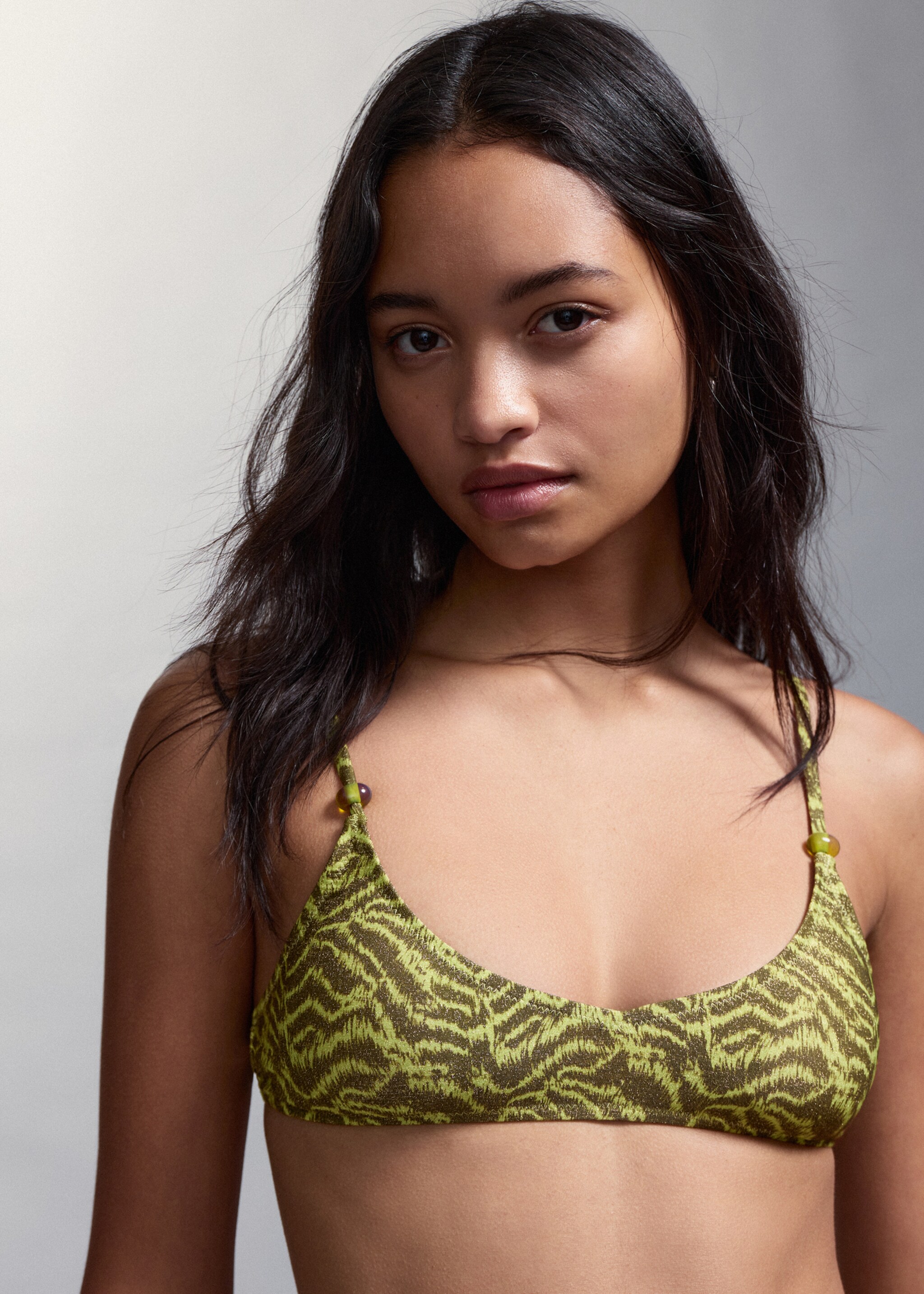 Zebra bikini with mid-rise bottoms - Details of the article 1, Green. Ref: 27006718-00.