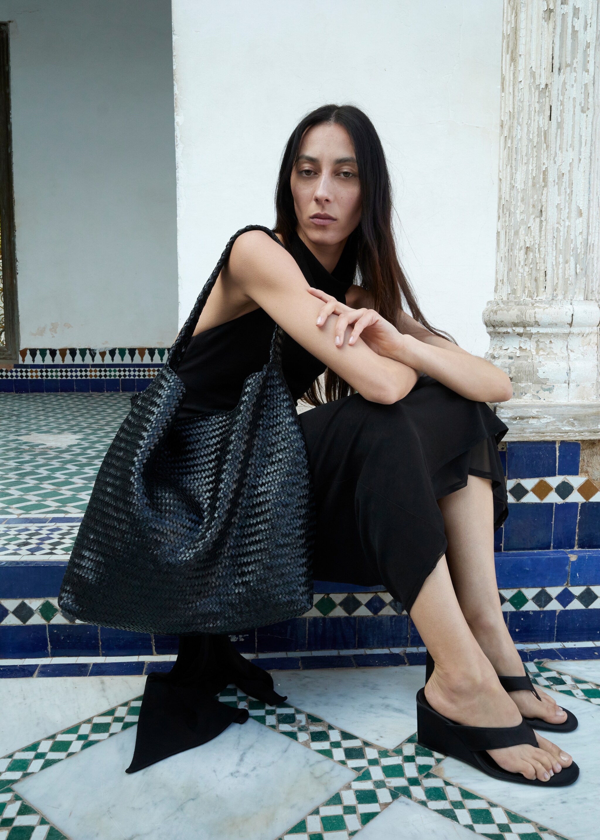 Satin strap wedge sandal - Details of the article 9, Black. Ref: 27007139-00.