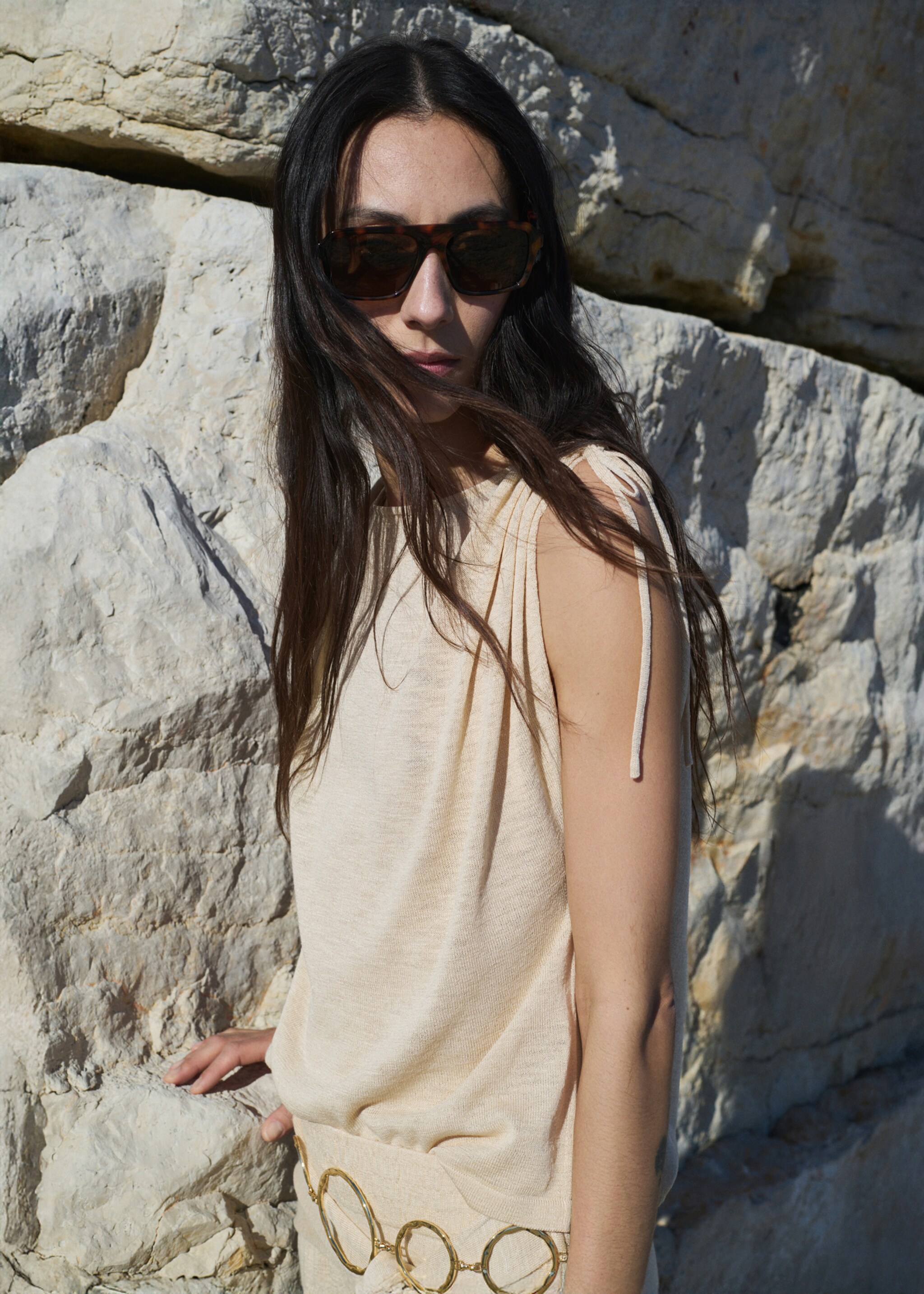 Short-sleeved fine-knit sweater - Medium plane, Ecru. Ref: 27007147-00.