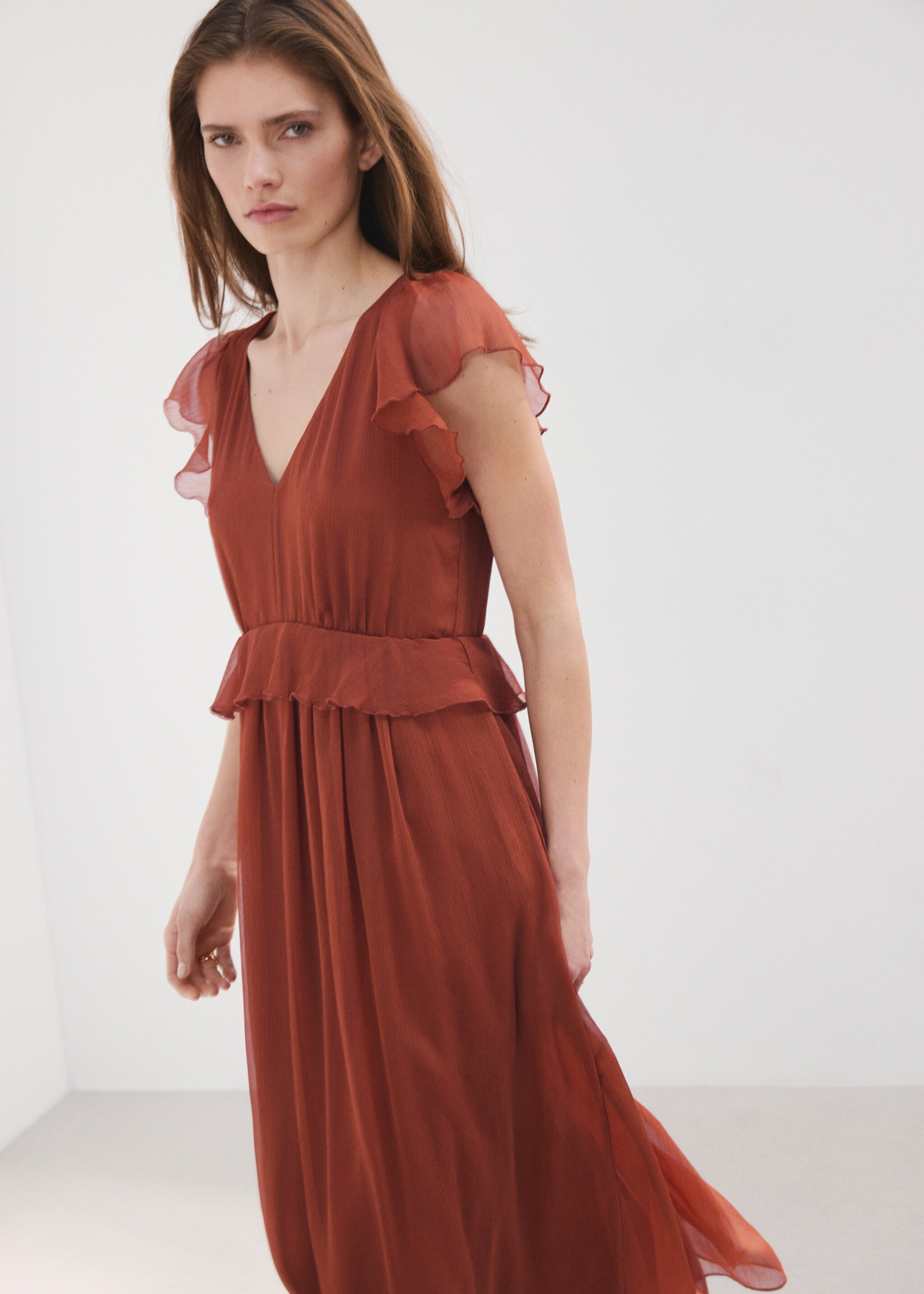 Long ruffled dress - Medium plane, Burnt Orange. Ref: 27007167-00.