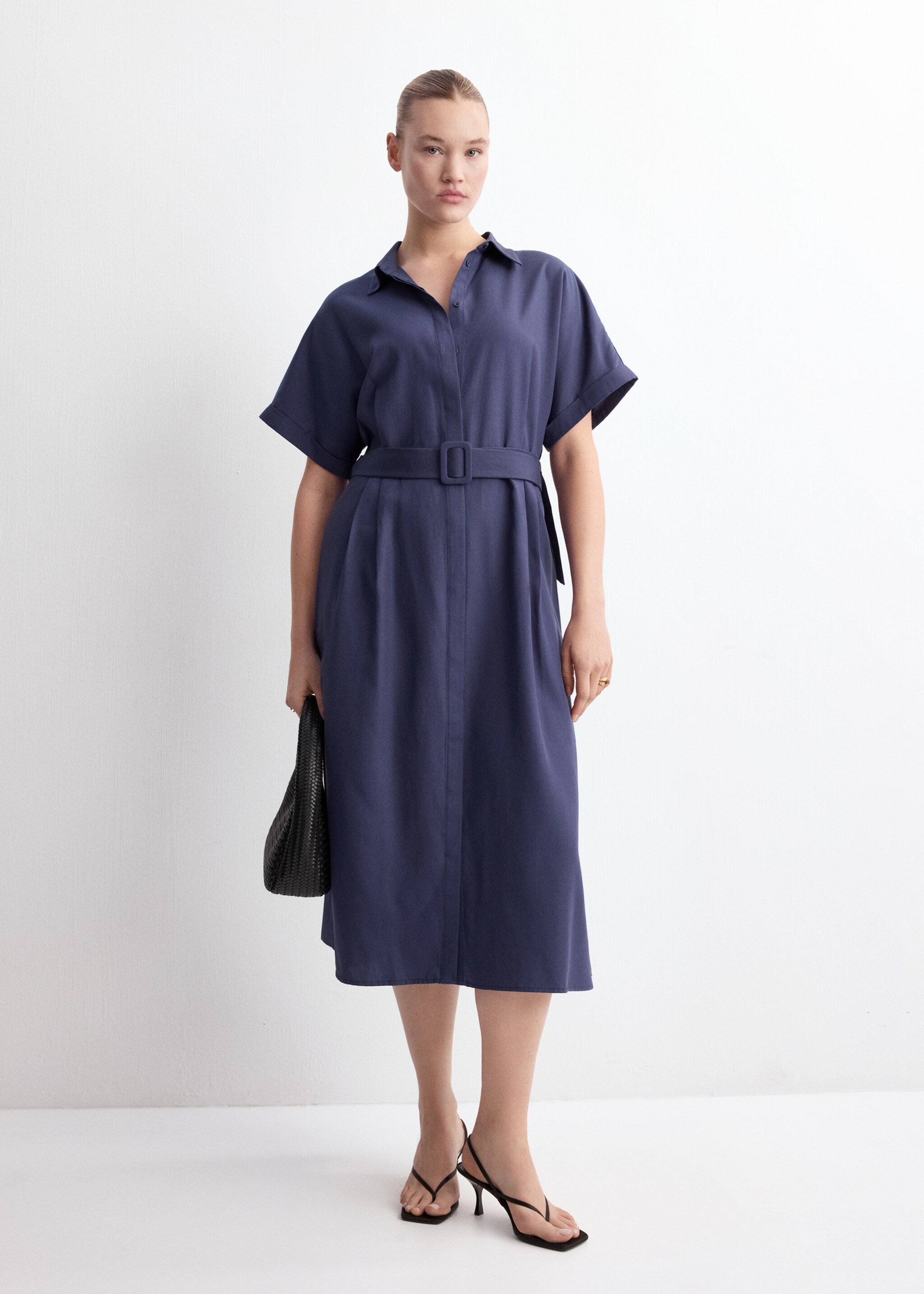 Lyocell belted shirt dress - Details of the article 3, Dark Navy. Ref: 27007170-00.